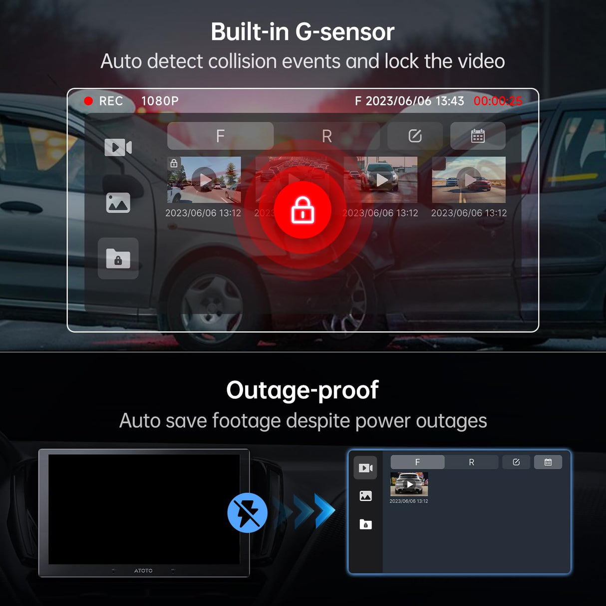 ATOTO AC-FHD02DV Dash Cam FHD 1080P, Angolo 136°, Riproduzione GPS, WDR, Visione Notturna, Parcheggio 24H, G-Sensor, Registrazione in Loop, Protezione Interruzioni, Supporto fino a 128GB, Solo per X10