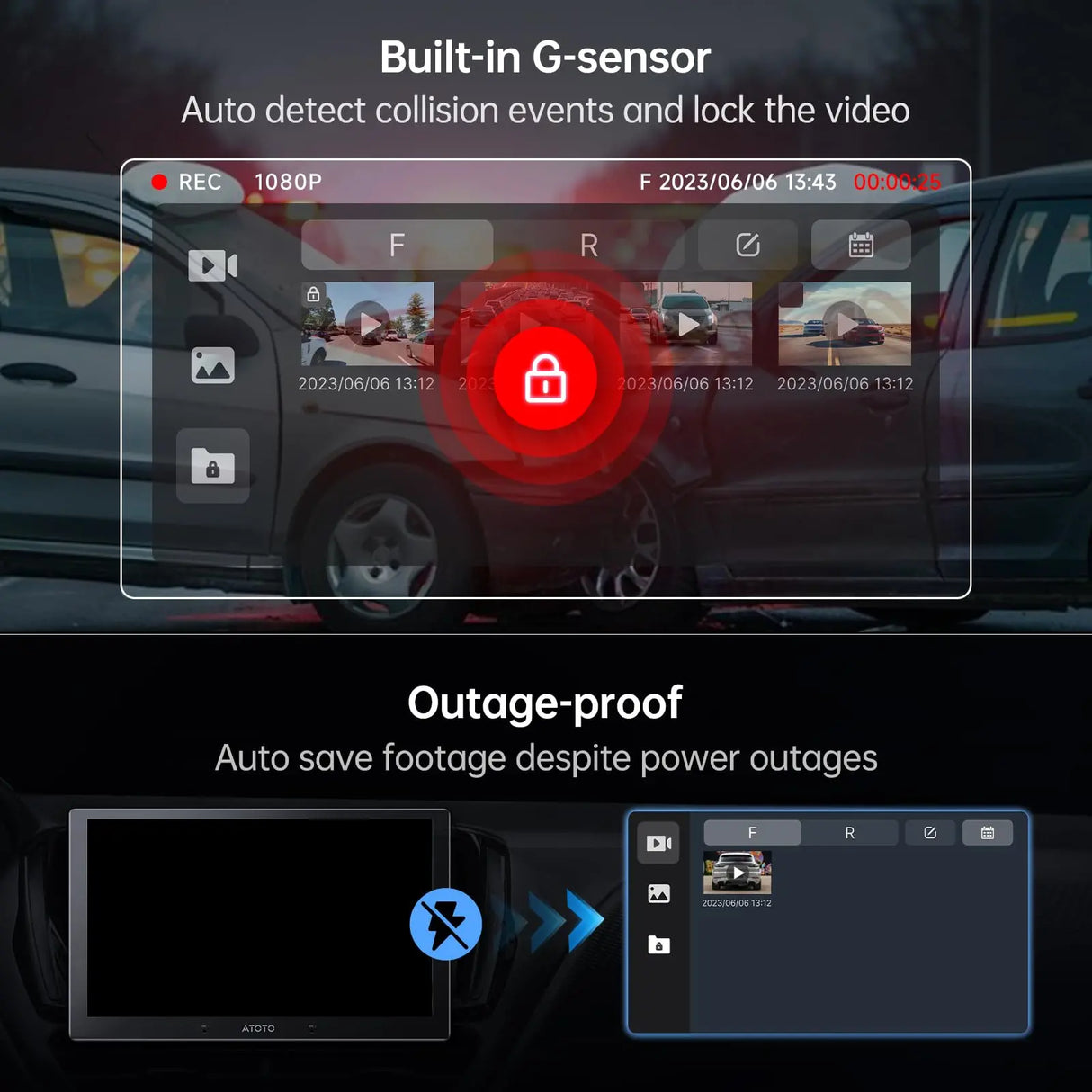 ATOTO AC-FHD02DV Dash Cam FHD 1080P, Angolo 136°, Riproduzione GPS, WDR, Visione Notturna, Parcheggio 24H, G-Sensor, Registrazione in Loop, Protezione Interruzioni, Supporto fino a 128GB, Solo per X10