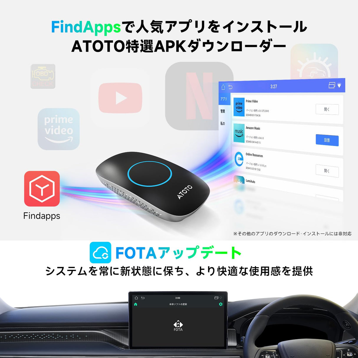 ATOTO CB4ワイヤレススースー、2-in-1 CarPlay & Android Auto、会話からワイヤレス変換、AI音声アシスタント、デュアルWi-Fiモジュール、4GBメモリ/32GBストレージ、CarPlay AI Box