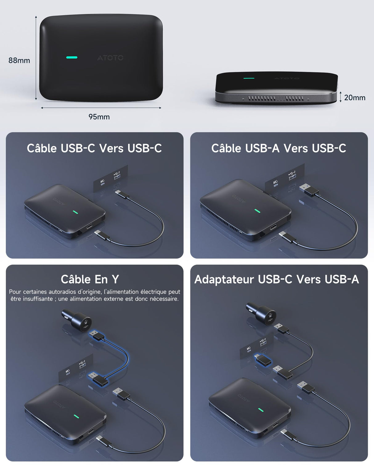 ATOTO CB4B Adaptateur CarPlay sans Fil – Double WiFi, Double Bluetooth, Carte TF 128Go, 4Go+32Go, AI Box Android avec DriveChat, Netflix/YouTube, Noir