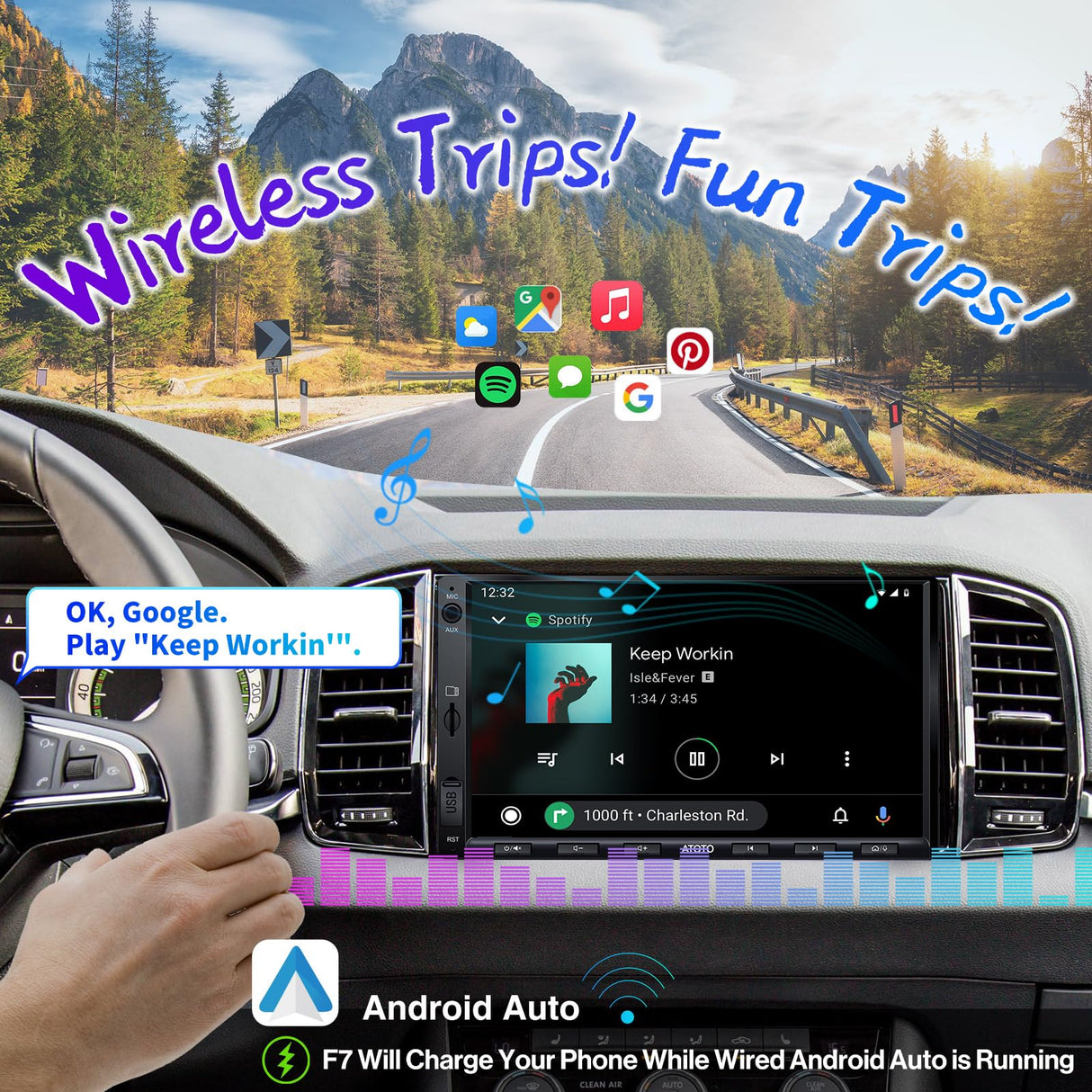 ATOTO F7G2A7WE 7" Double DIN Car Stereo,Wireless CarPlay & Android Auto, Touchscreen Car Radio with Bluetooth, Mirror Link, HD LRV, FM/AM, GPS Navi, Voice Control,Quick Charge