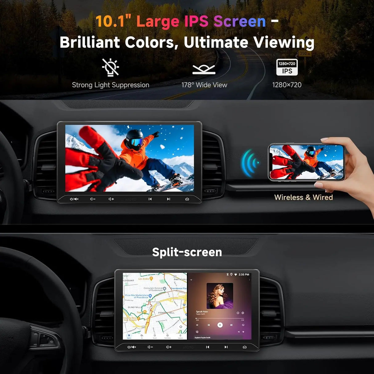 ATOTO A5LG211T 10.1" Android Double Din Car Stereo, Touchscreen, Wireless CarPlay & Android Auto, Wi-Fi/BT/USB Tethering, 24-Band EQ DSP, Bluetooth, MirrorLink, FM/AM/TF, 2G+32G