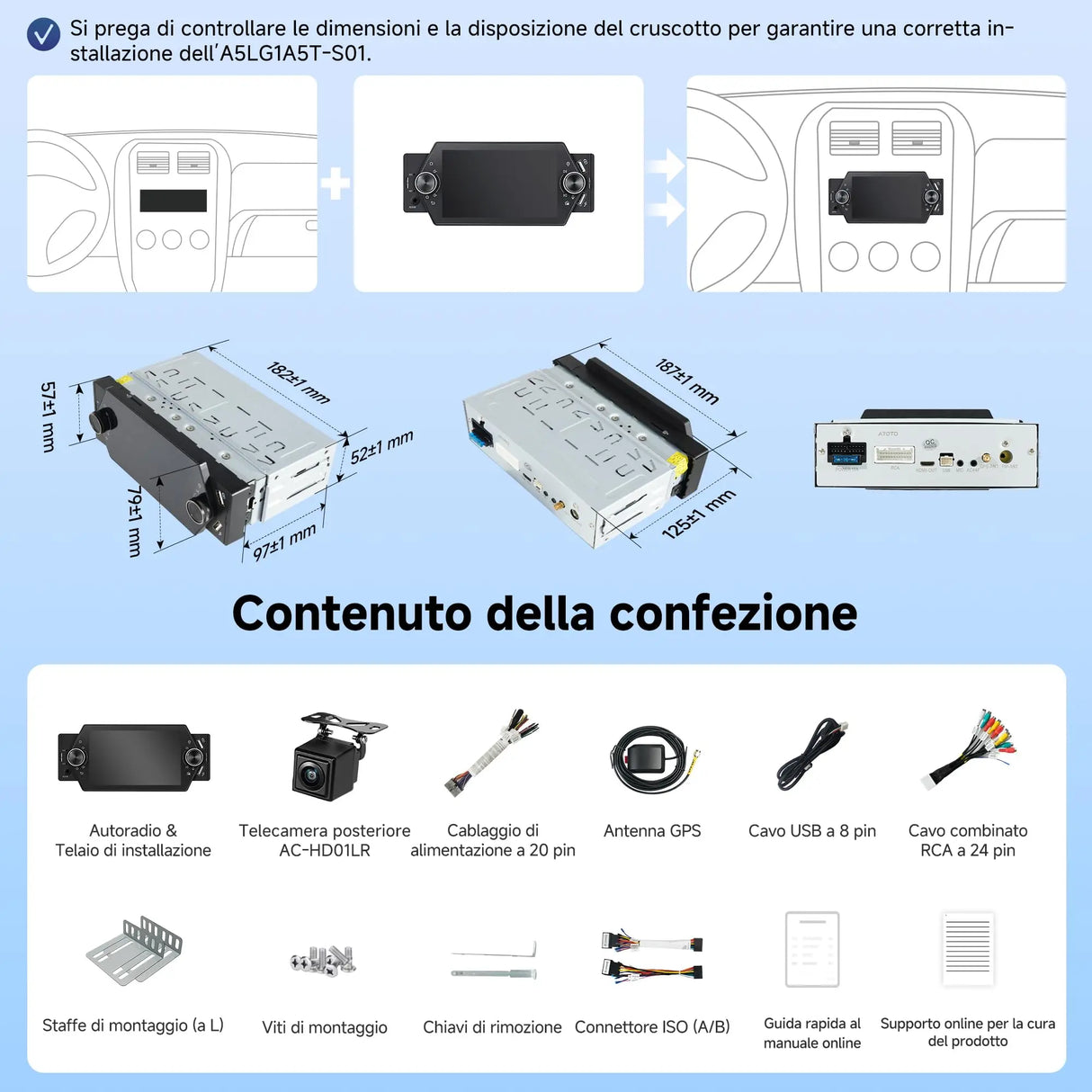 ATOTO A5LG1A5T 5" 1 Din autoradio bluetooth, CarPlay e Android Auto Senza fili, Touchscreen, Tethering WiFi/BT/USB, MirrorLink, RDS/FM Radio/GPS, Controllo Vocale, Vista Posteriore Live, 2G+32G