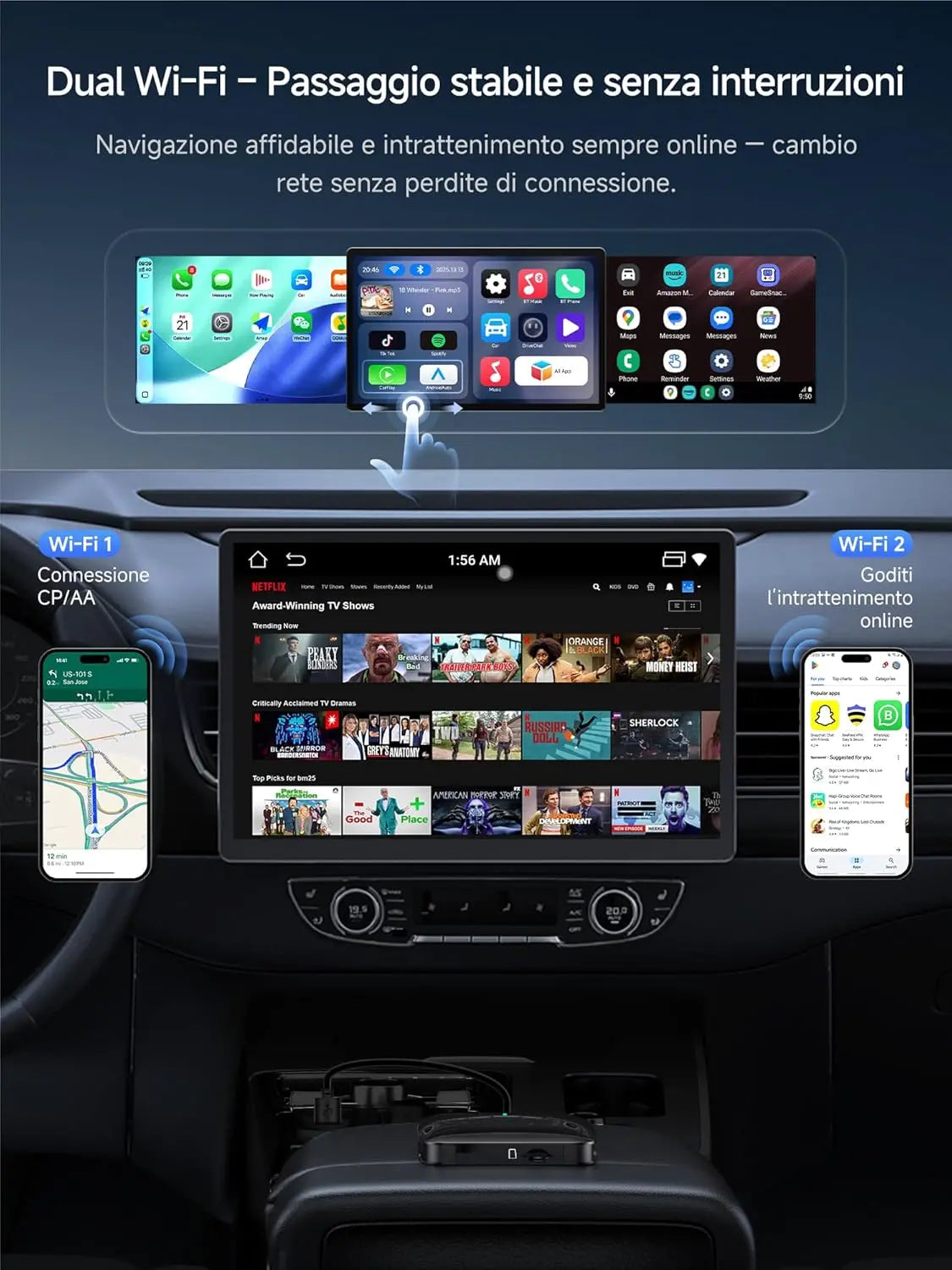 ATOTO CB6 Adaptateur CarPlay Sans Fil & Android Auto - Boîtier AI Bluetooth 4+64GB, GPS, Compatible Voiture, Siri, Google Assistant