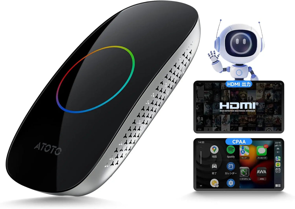 ATOTO CB4CT Android Box【AI Box ワイヤレスアダプター】CarPlay・Android Auto対応 2GB+16GB 動画配信対応(YouTube/Hulu/Spotify) 車載マルチメディアボックス デュアルWi-Fi・デュアルBluetooth AIアシスタント HDMI出力 USB対応 プラグ&プレイ OTAアップデート OBD II搭載 モデル