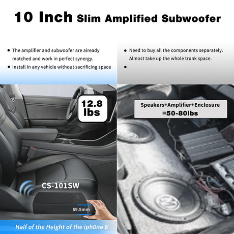 ATOTO CS-101SW 10-Inch Active Under-Seat Subwoofer, 400W Max Power with Built-in Amplifier & Remote Control