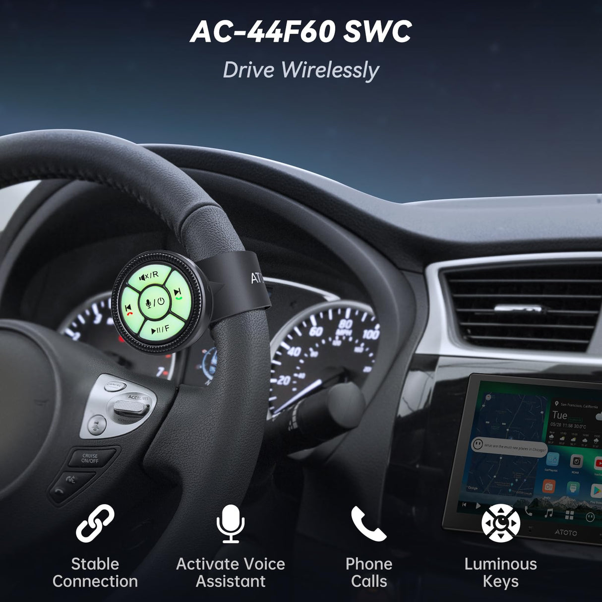 ATOTO AC-44F60 Multifunktionale Lenkrad-Uhr im Armband-Stil – Unterstützt Sprachsteuerung, leuchtende Tasten, einfache Installation, kompatibel mit X10, robustes ABS+PC-Material