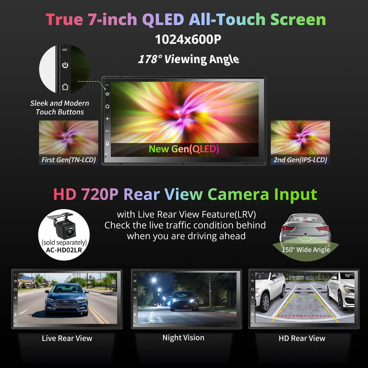 ATOTO A6G2B7PF 7" QLED Double Din Car Stereo, Touchscreen, Wireless CarPlay and Android Auto, Dual Bluetooth, GPS Tracking, MirrorLink, WiFi/BT/USB Tethering, 2G+32G