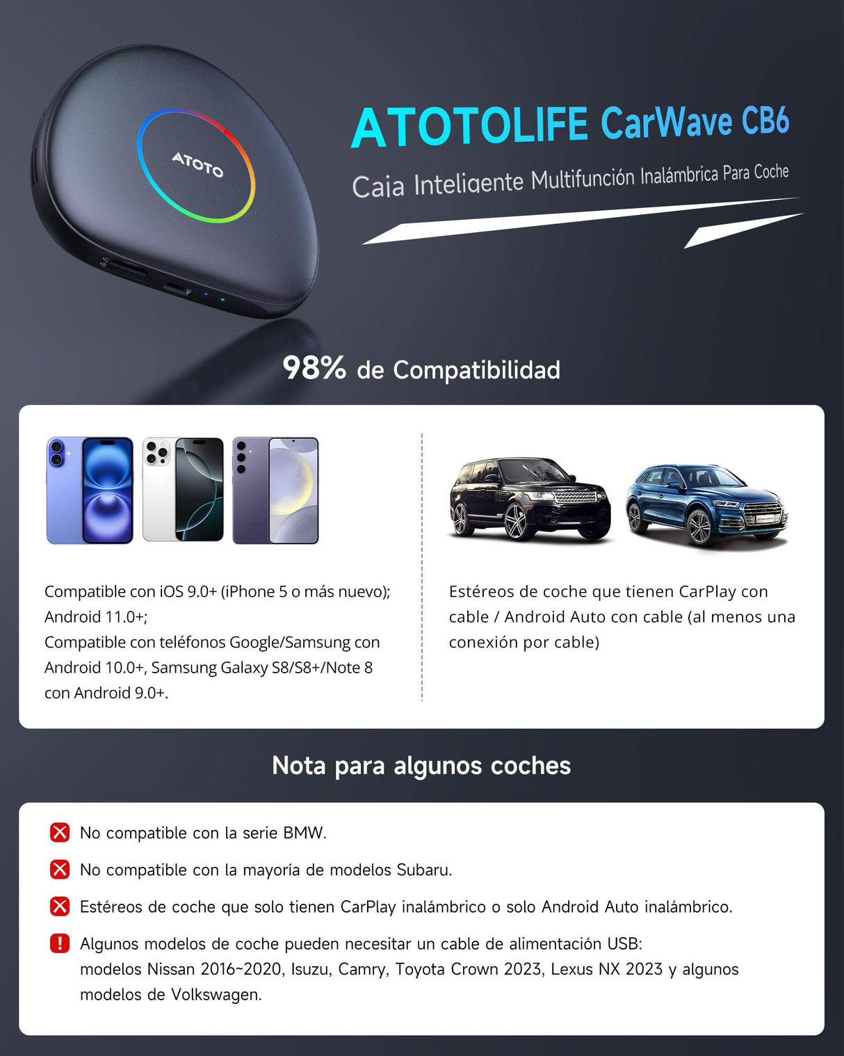 ATOTO CB6C Dongle WIFI CarPlay Inalámbrico Android 13, Caja AI Plug&Play con GPS, Asistente IA, 4G LTE, 4GB+64GB, Negro