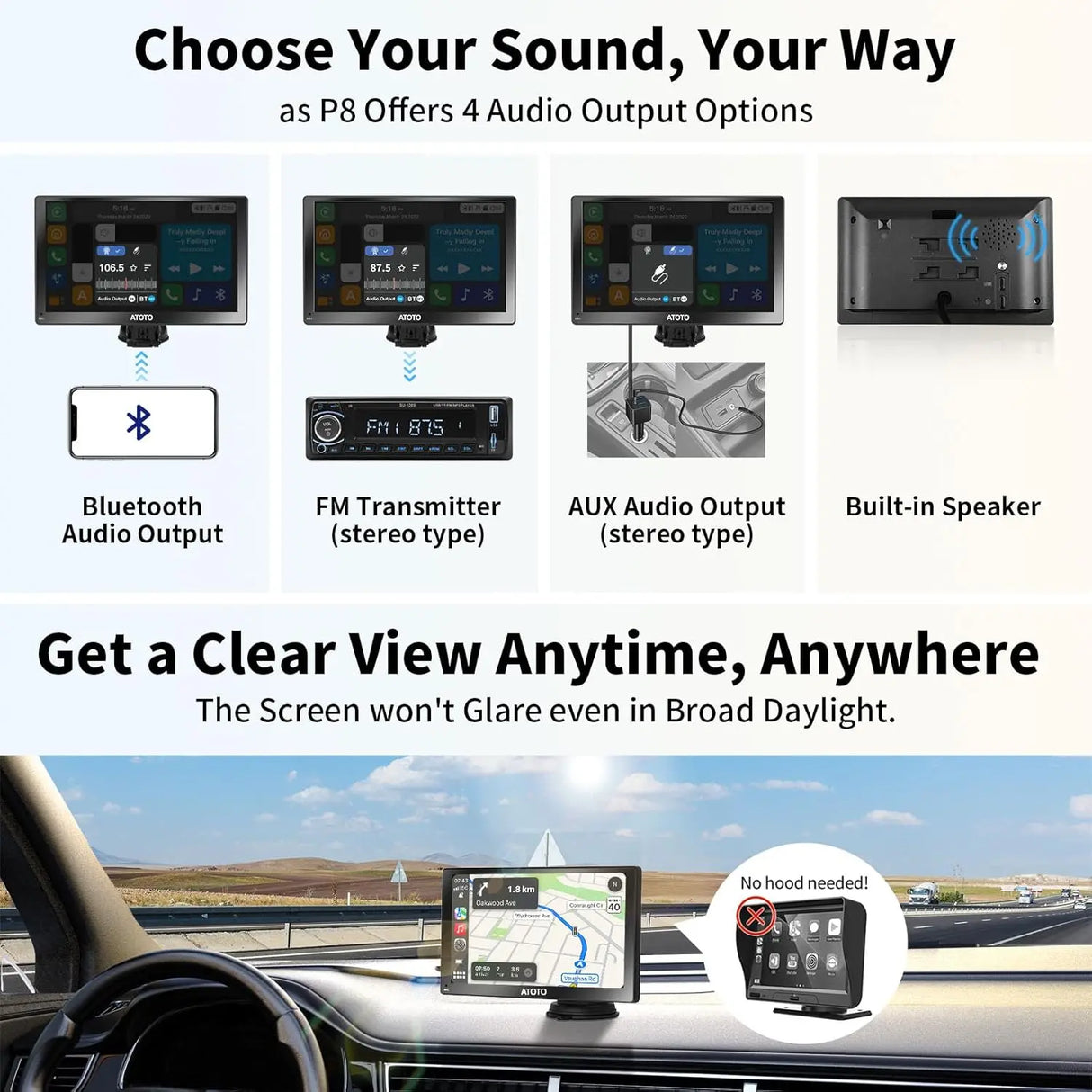ATOTO P8 GPS Pour Voiture 7" - Android Auto/CarPlay Sans Fil, Double Caméra 1080P, WDR, Variateur Auto, Charge Rapide