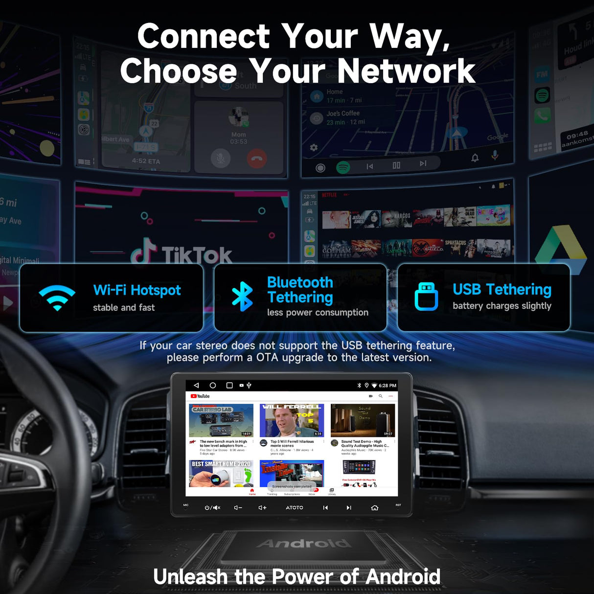 ATOTO 9" Double DIN Car Stereo, Backup Camera and DVR Dashcam, Wireless Android Auto and CarPlay, 2G+32G, GPS Tracking, Drivechat AI, WiFi, Bluetooth, USB, FM, AM, RDS, EQ