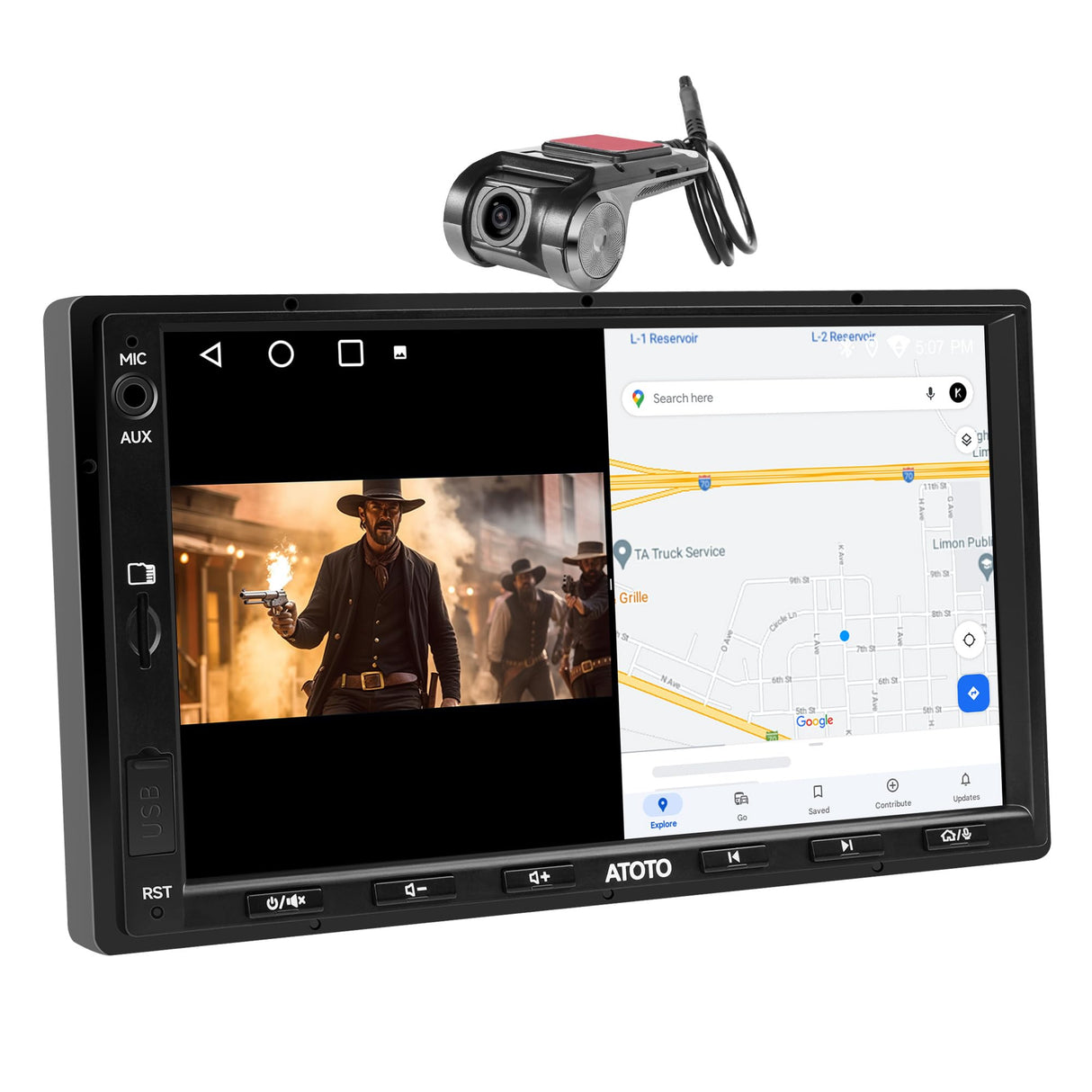 ATOTOEXCEL A5L 7 inch Android Double DIN Car Stereo, Wireless CarPlay&Android Auto Touchscreen Radio, WiFi/BT/USB Tethering, DSP,24-Band EQ, Front DVR Dash Cam, 2G+32G, AI Drivechat, GPS, FM/AM