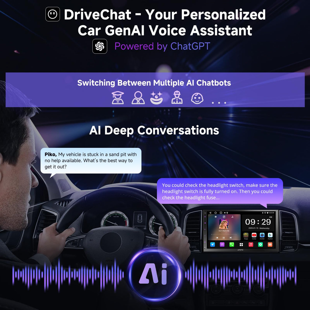 ATOTO A5LG2B7T 7" Double-DIN Android Head Unit with Wireless CarPlay & Android Auto, ChatGPT-AI, GPS, WiFi/BT/USB, 24-EQ DSP, 4x45 AMP