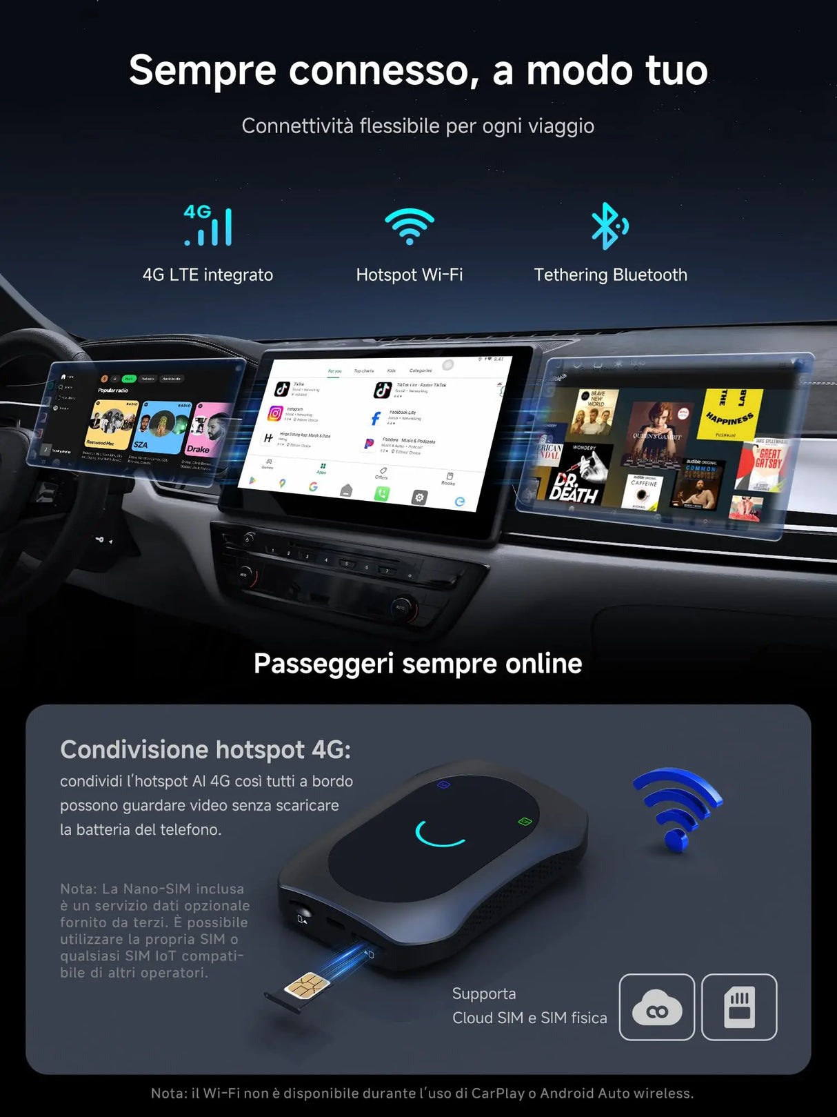 ATOTO CB7SBX CarPlay Wireless Adapter Android Auto AI Box, HDMI In/Out, Android 8GB+128GB, 4G LTE, Dual Bluetooth, DriveChat, AI Box for Netflix/YouTube/TikTok/TF Card