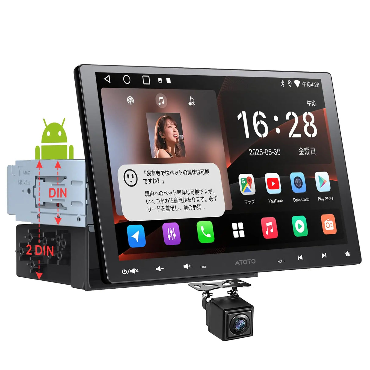ATOTOZONE A5L 10インチ 2DIN/1DIN対応ディスプレイオーディオ、Androidカーナビ、ワイヤレスCarPlay&Android Auto、WiFi/USB/Bluetooth接続、DSP&アンプ内蔵、MirrorLink、AI会話、2分割画面、2G+32G、バックカメラ
