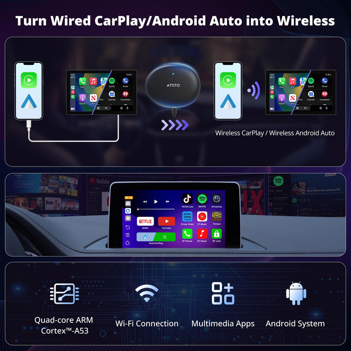 ATOTO AD5 Adaptador Inalámbrico CarPlay/Android Auto, Dongle AI con ChatGPT, Conexión Dual WiFi, Soporte Tarjeta 256GB, Streaming Multimedia, Instalación Fácil