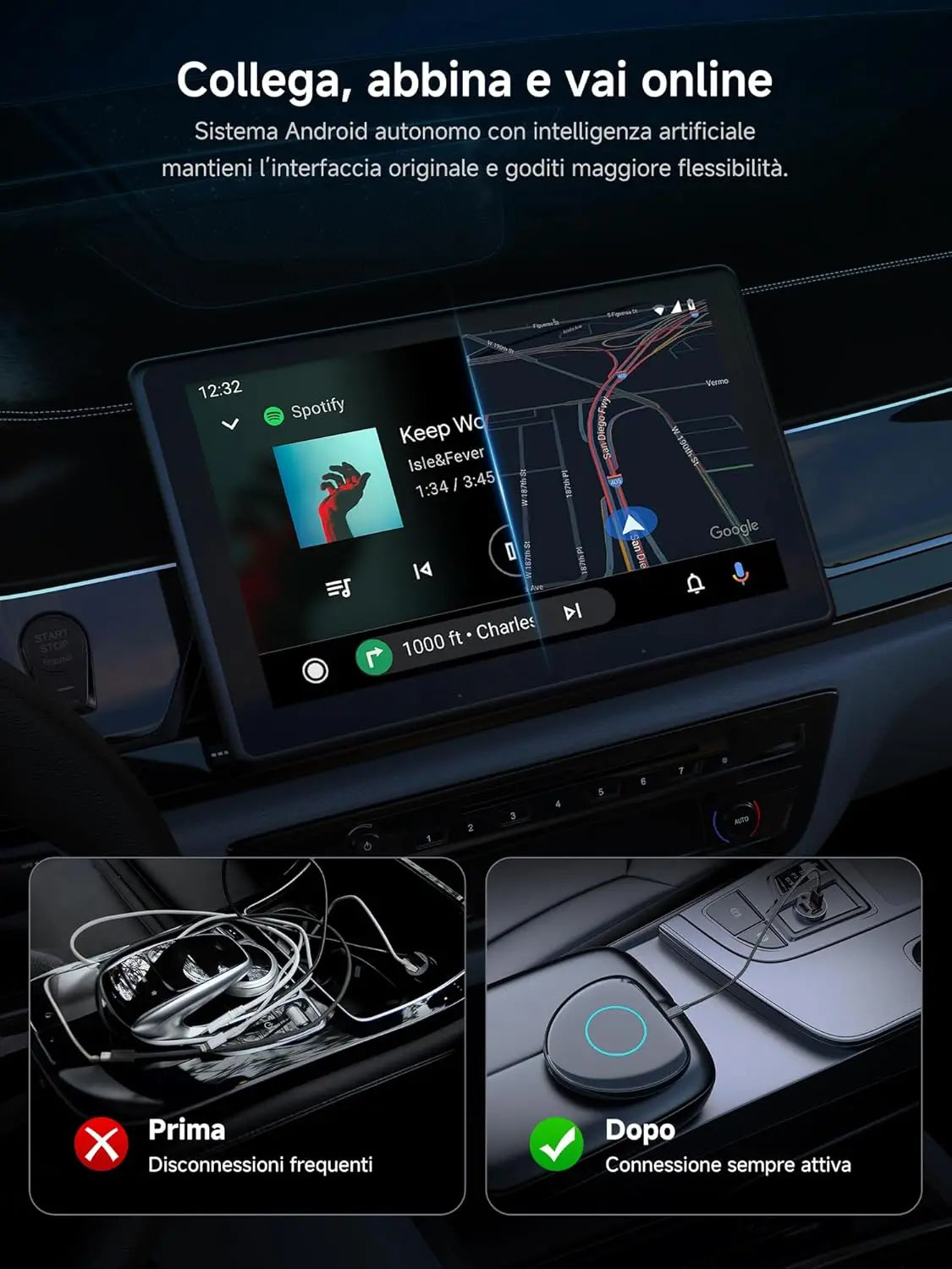 ATOTO CB6 Adattatore CarPlay Wireless – Boîtier CarPlay IA , 8GB+128GB Dispositivo Streaming per Auto con 4G, Wi-Fi, Doppio Bluetooth, USB, GPS Integrato, Assistente IA, Espansione microSD, OTA