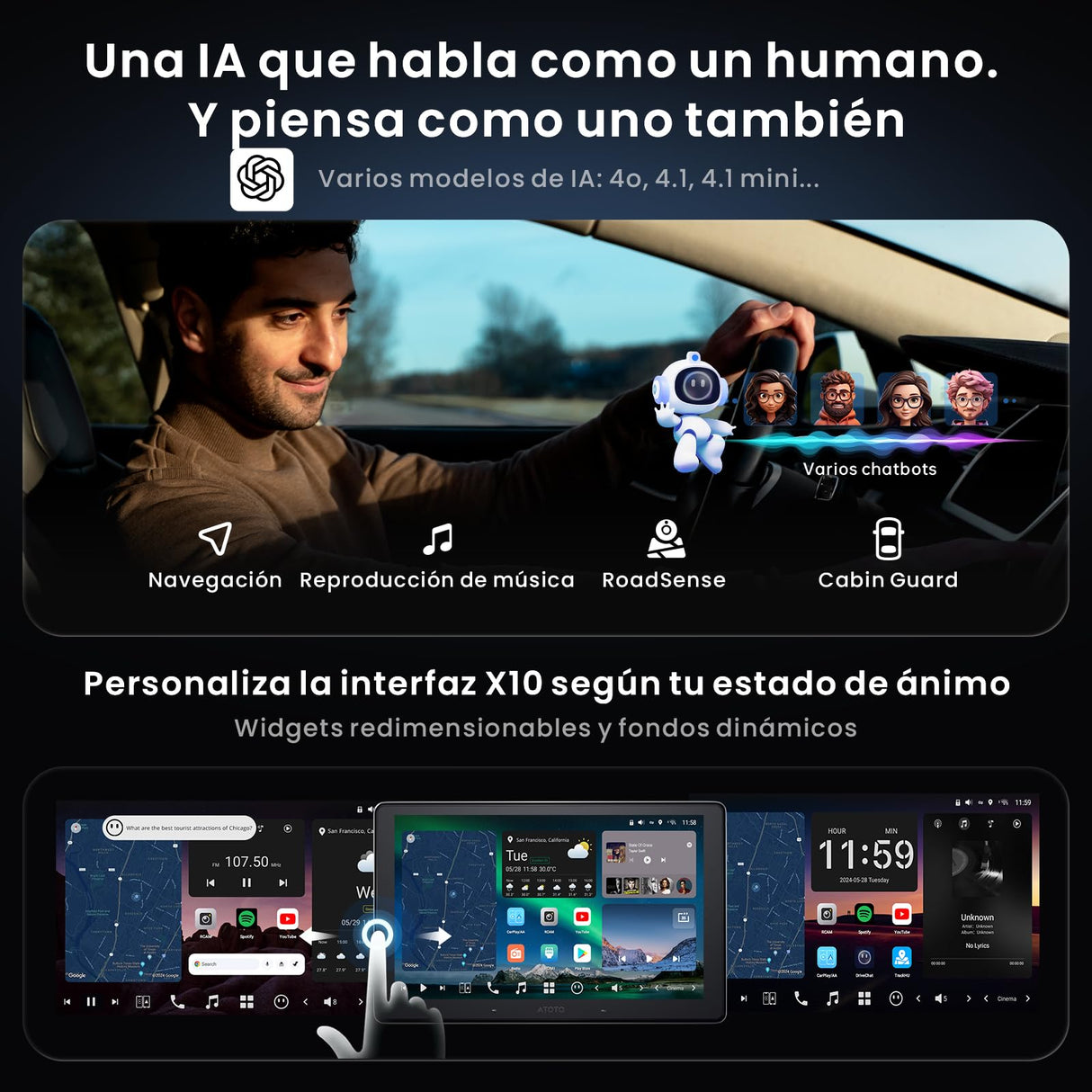 ATOTOZONE 10" QLED AI Radio Android 1 DIN, 8G+128G, 4G LTE,Pantalla Flotante Coche,CarPlay y Android Auto Inalámbricos, Doble Teléfono & 2 Bluetooth,36B-EQ,SCVC,X10G110E