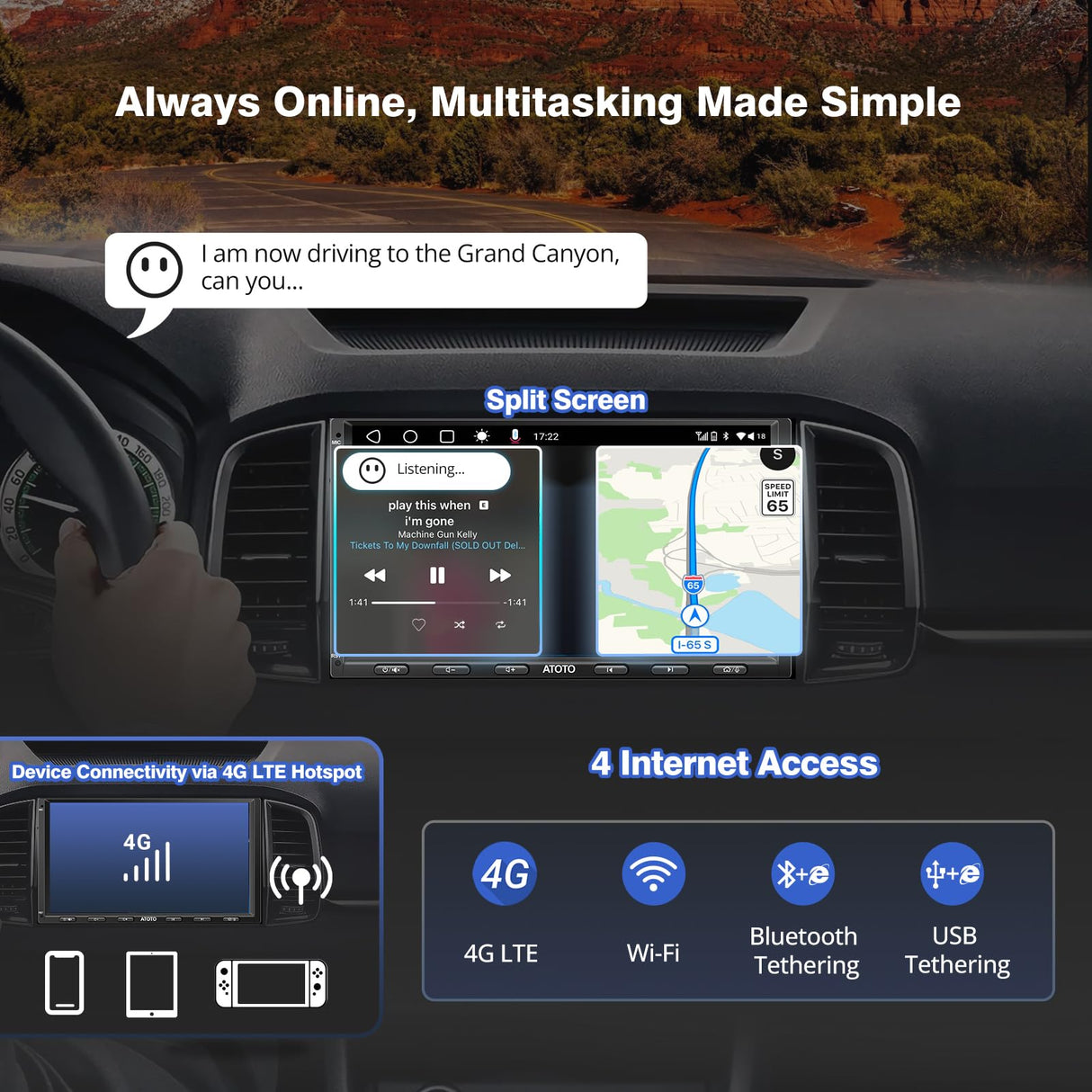 ATOTO S8G2A79UN 7" QLED Double Din Car Stereo with 1080P Front & Backup Camera Input, 6+128G, Wireless CarPlay & Android Auto, Built-in 4G LTE/Wi-Fi/Dual Bluetooth, DSP, AMP, SUB, GPS