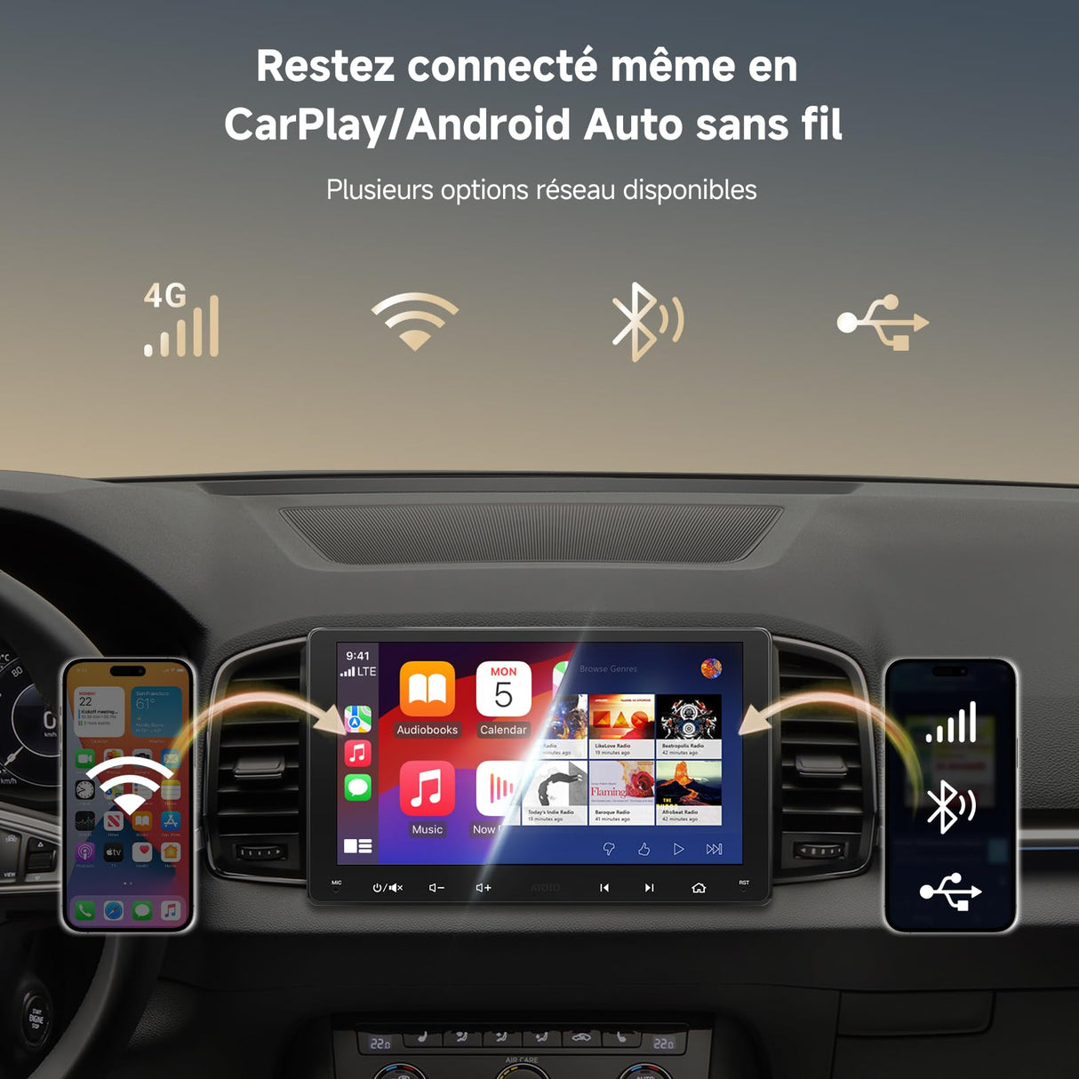 ATOTO S8G2094MS 9" Double DIN Autoradio Android avec caméras avant et arrière 1080P, écran tactile QLED, CarPlay/Android Auto sans fil, 4G, Wi-Fi, BT, USB, DSP, AMP, SUB, GPS, AI