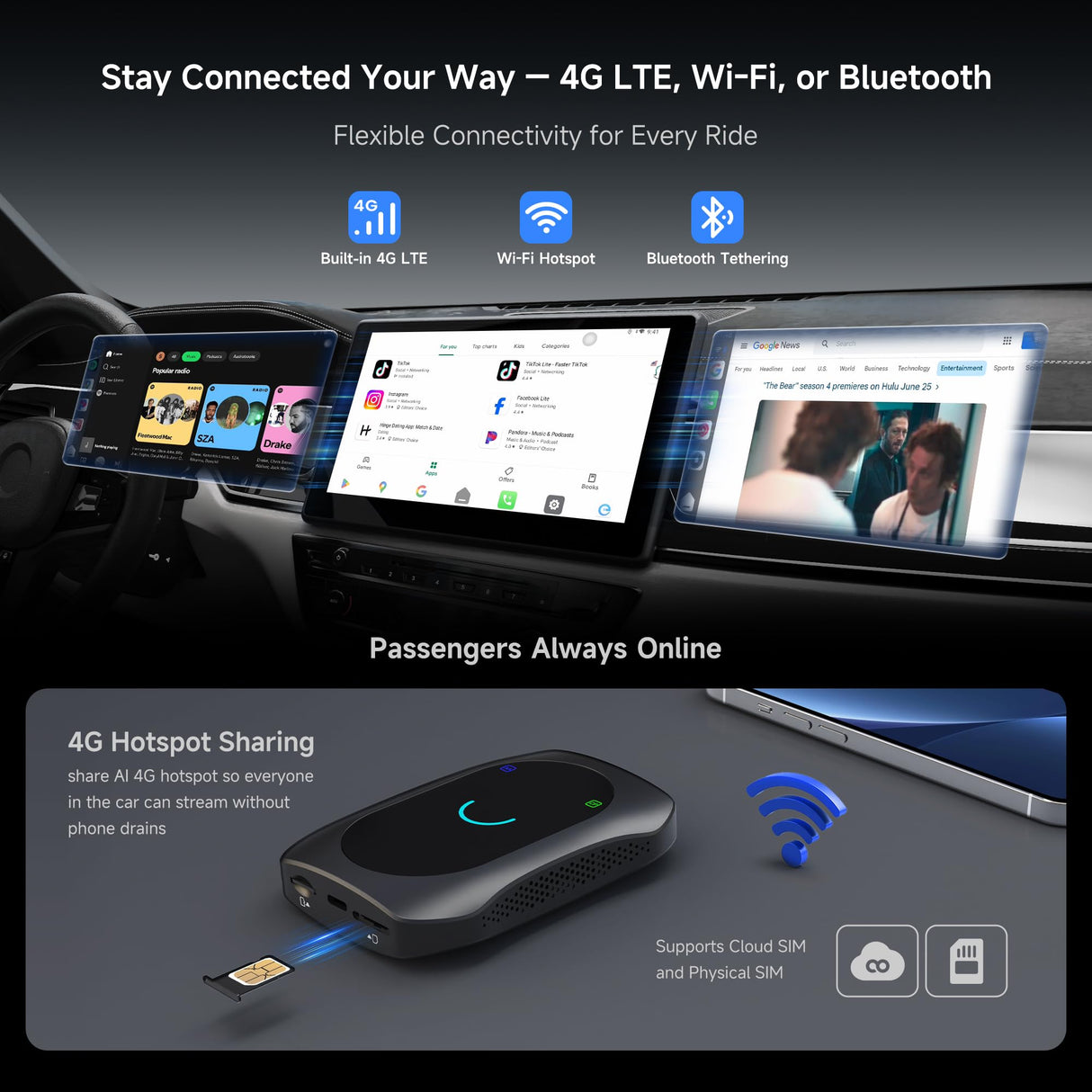 ATOTO CB7SATN 8-in-1 AI Box – Wireless CarPlay & Android Auto, Android Desktop, HDMI In/Out, Wi-Fi, 4G LTE, DriveChat (ChatGPT), Dual-BT IoT Hub