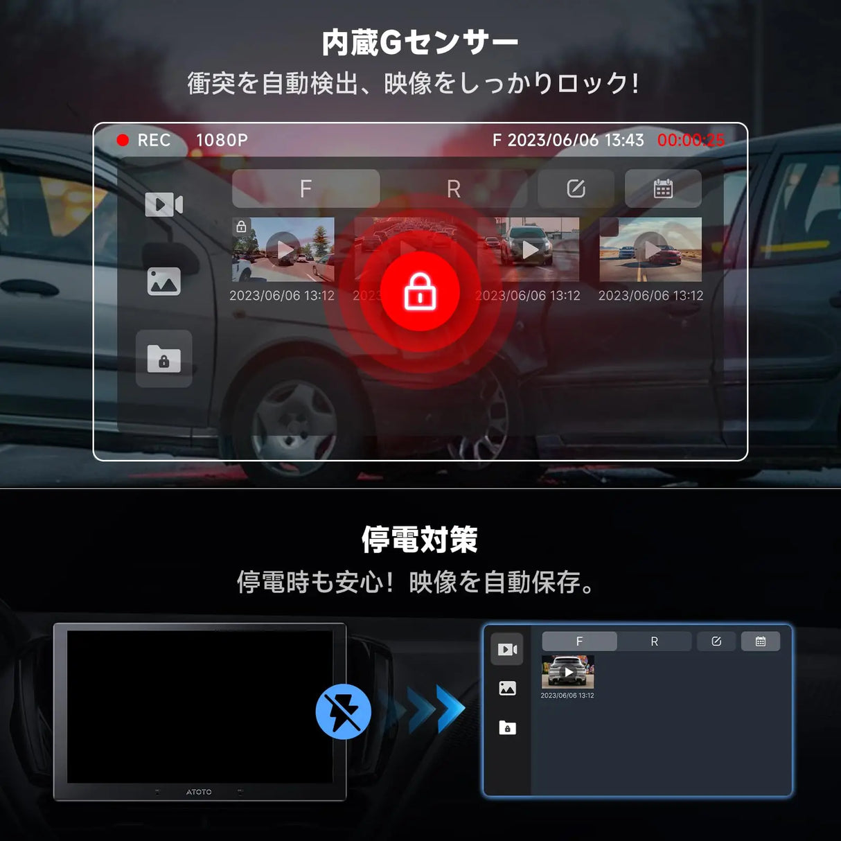 ATOTO AC-FHD02DV FHD 1080P ドライブレコーダー、GPSトラック再生、136°広角、WDR、ナイトビジョン、24時間モード駐車、Gセンサー、ループ録画、脅威保護、最大128GBサポート、X10シリーズ
