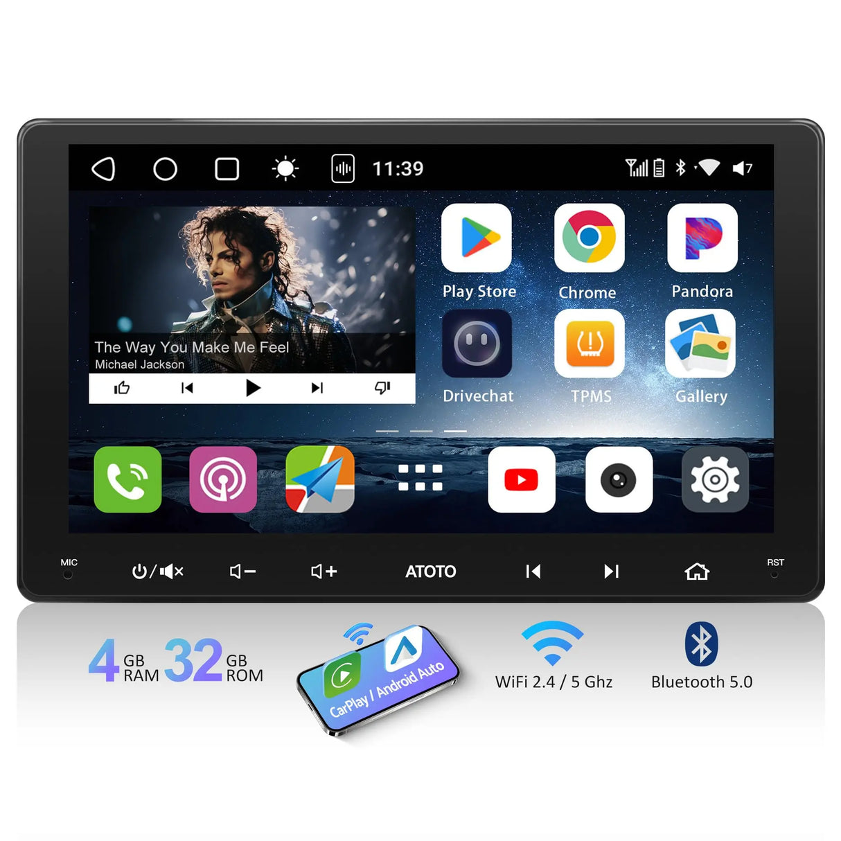 ATOTO S8G2094MS 9" Double Din Car Stereo, 8-Core, 1280x720 QLED Touchscreen, Wireless CarPlay and Android Auto, 4+32G, Dual Bluetooth, WiFi/BT/USB Tethering, Plug and Play, GPS Tracking, SCVC