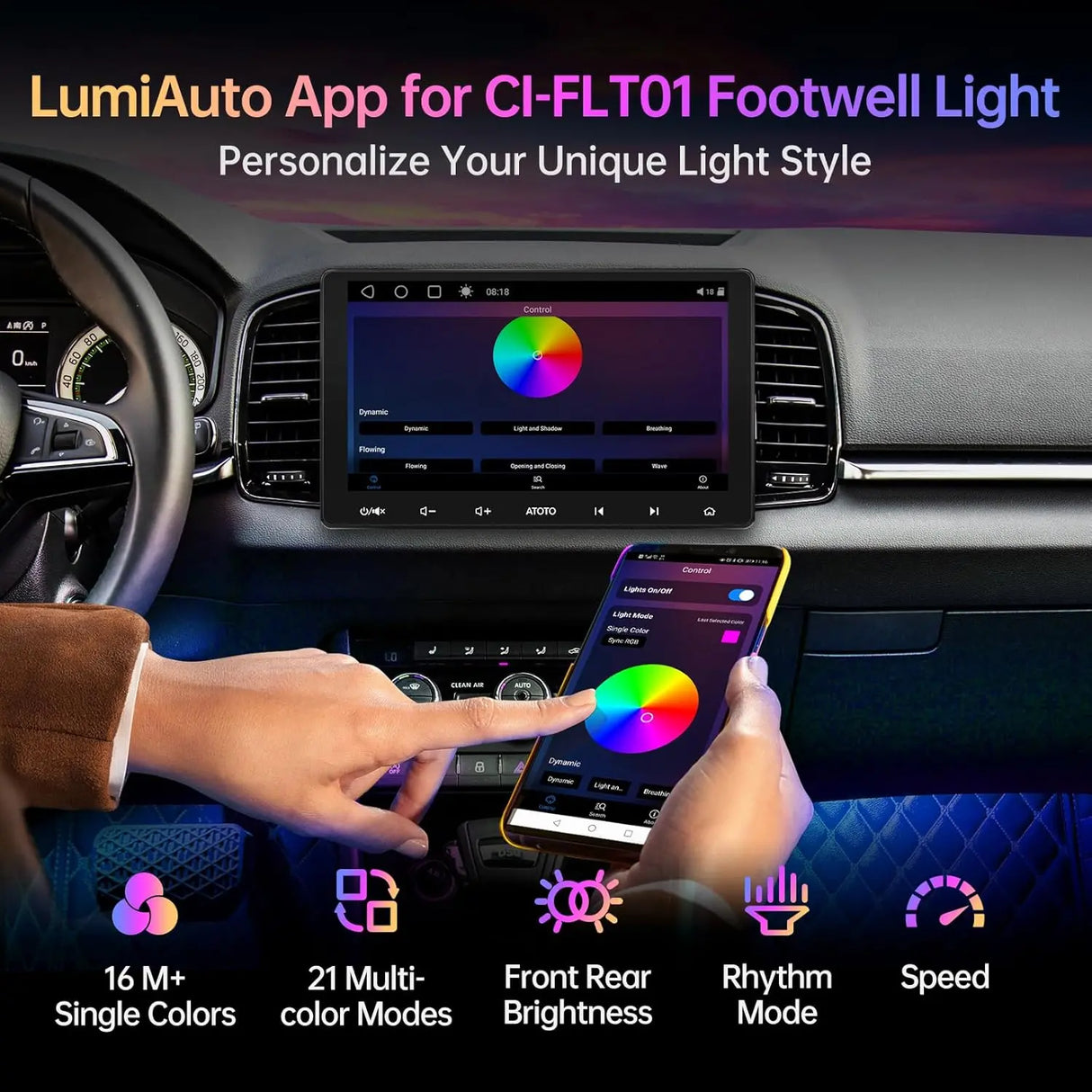 ATOTO CI-FLT01 Car LED Footwell Lights, 160 RGB LEDs, Interior Neon Lights, APP Wireless Control, DIY 21 Color Modes, 6 Music Modes, 16M+ Colors, Front and Rear Independent Adjustment