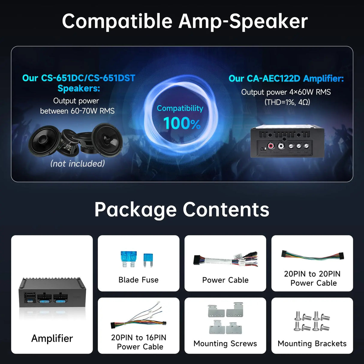 ATOTO CA-AEC122D Car Amplifier, Class D TI TPA3221, 2 Channel, 108dB SNR, Low Distortion, 2/4 Ohm Stable, Supports 7V-30V Input, Only for Selected ATOTO Car Stereos