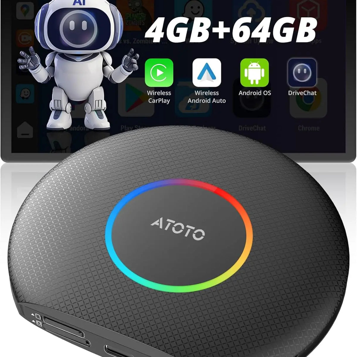 ATOTO CB6 CarWave AI Box with GPS, Wireless CarPlay Adapter, 4+64GB