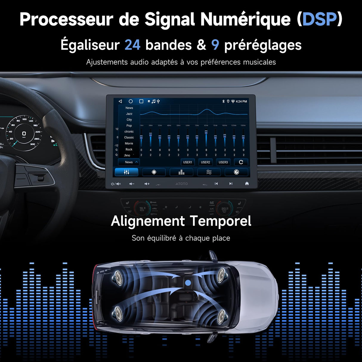 ATOTO A5LG110T Autoradio 1 DIN/2 DIN Android 10" avec écran flottant, caméra arrière, CarPlay et Android Auto sans fil, tethering WiFi/BT/USB, MirrorLink, DSP, FM/RDS, 2G+32G