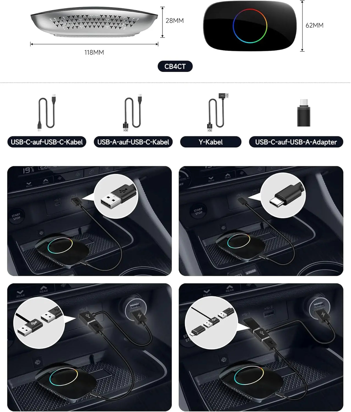 ATOTO CB4CT CarPlay AI Box – Adaptador CarPlay inalámbrico y Android Auto con Android 2GB+16GB, Caja de vídeo para YouTube, Netflix y más, Wi-Fi/Bluetooth doble, OTA, Negro