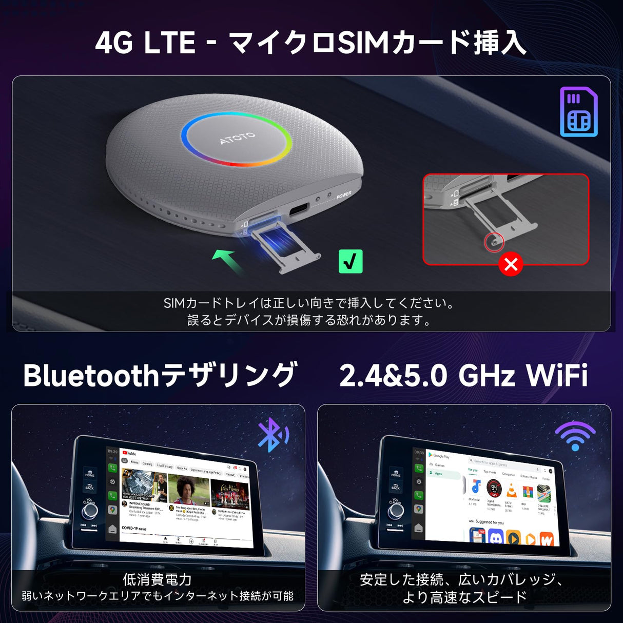 ATOTO CB6ワイヤレスワイヤレス:無制限CarPlayをワイヤレスCarPlayおよびワイヤレスAndroid Autoに変換、AIボイスドングル、GPSトラッキング、8GB+128GB対応、互換アプリ、銀