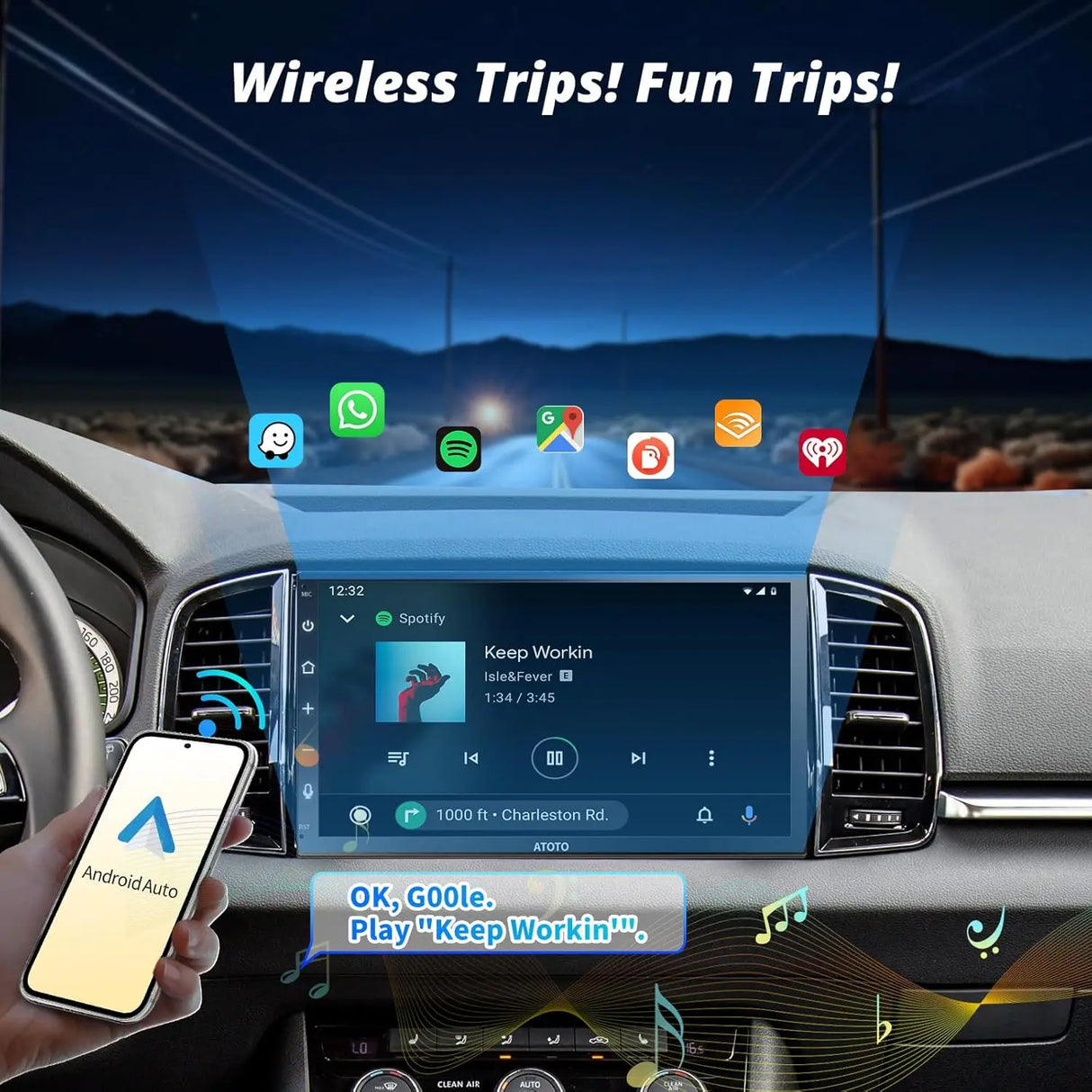 ATOTO F7G2B7WE 7" Double Din Car Stereo, HD LRV Camera, Full Touchscreen, Wireless CarPlay and Android Auto, Bluetooth 5.3, GPS, FM/AM/AUX, 4.1 Channel Audio Out, Screen Mirroring