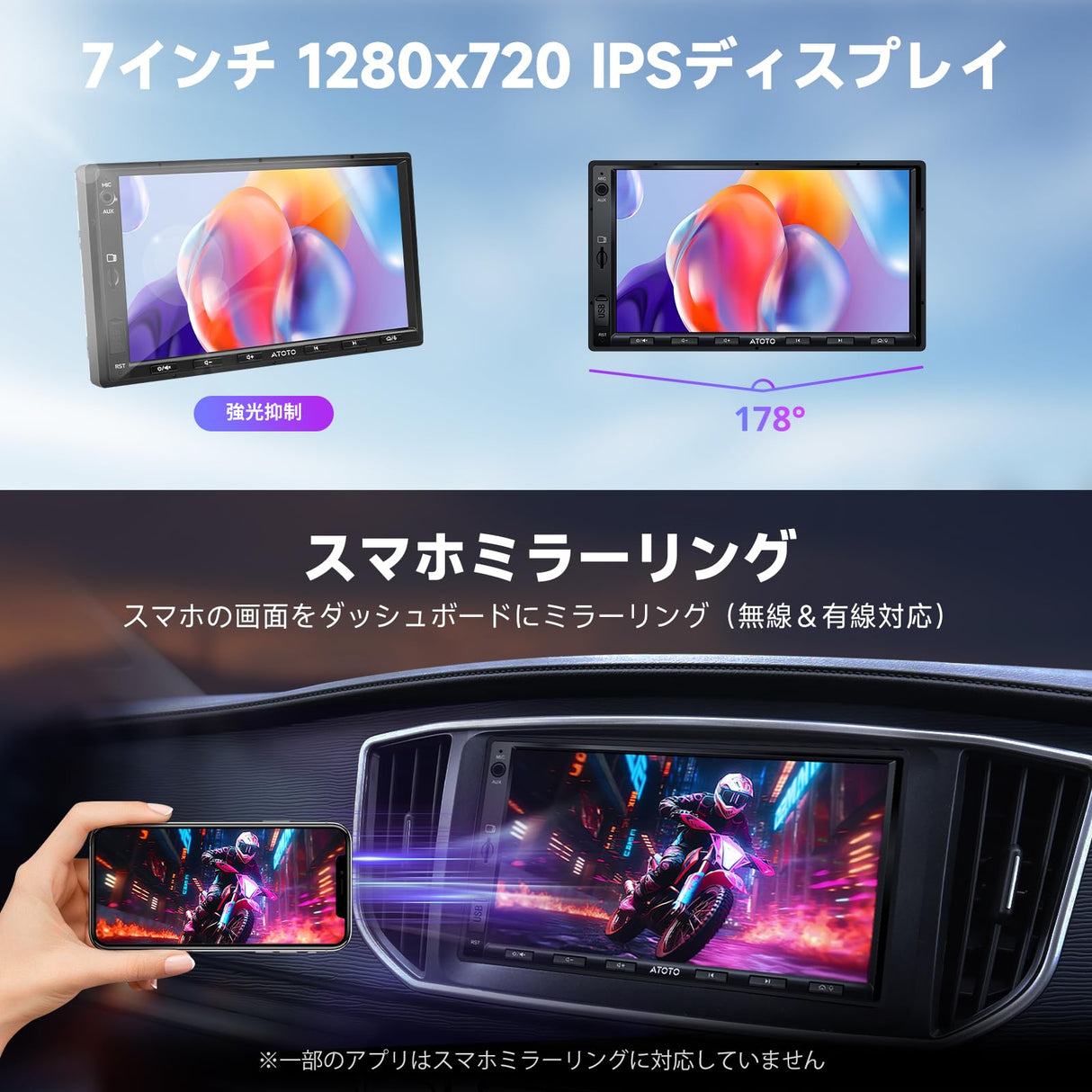 ATOTO A5LG2A7T 7インチ2DINディスプレイオーディオIPS 1280*720 Androidナビゲーション | WiFi/Bluetoothテザリング対応 | Android Auto&CarPlay 無線 | 24バンドEQ DSP内蔵 | 2GB+32GB | FM/AM/USB/TF動画再生