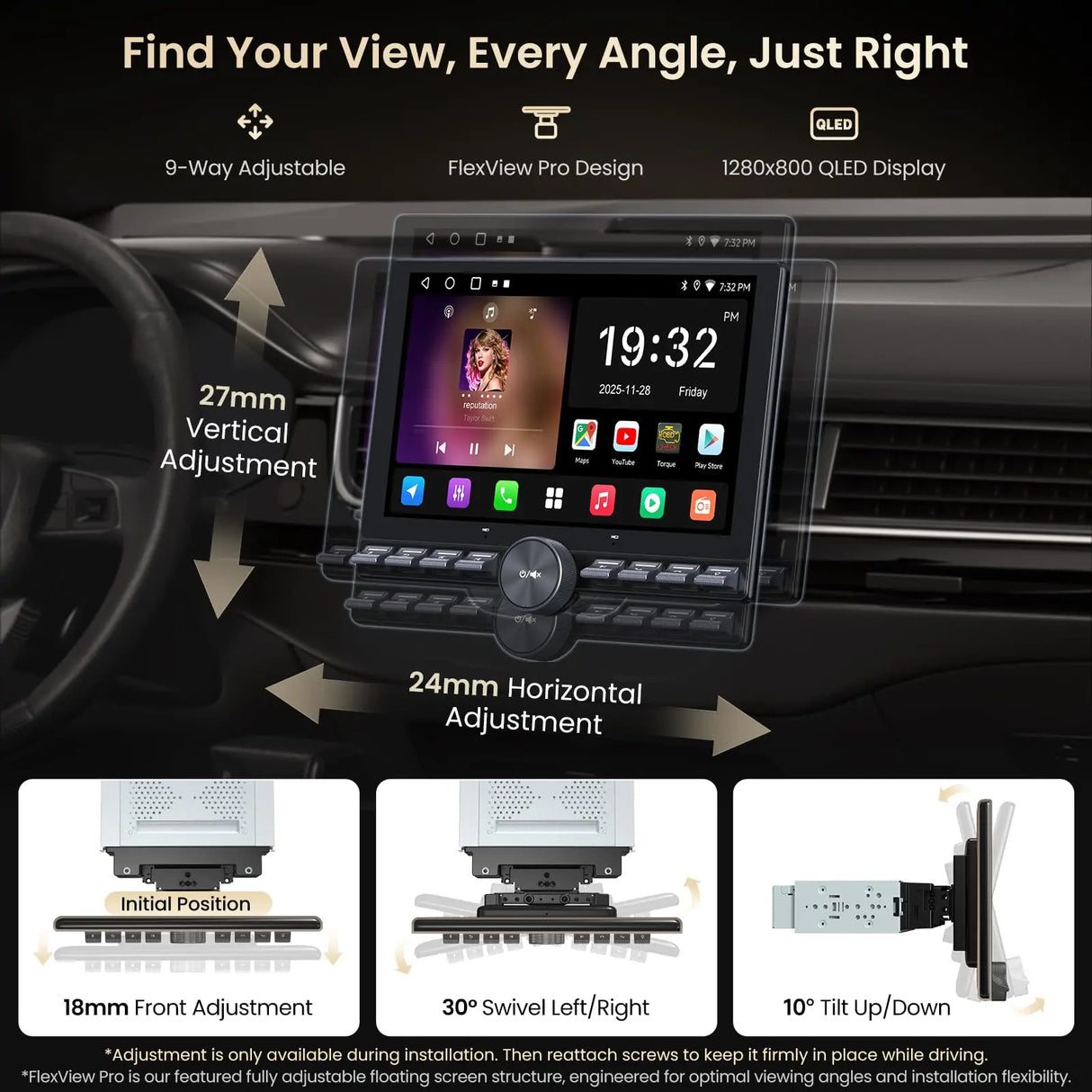 ATOTO A5LG110PT-S01 10.1" Floating Single & Double DIN Car Stereo with Backup Camera, Wireless CarPlay & Android Auto, AI Chat (ChatGPT), FlexView Adjustable Screen, Wi-Fi/USB Tethering, Internet Radio, 24EQ DSP