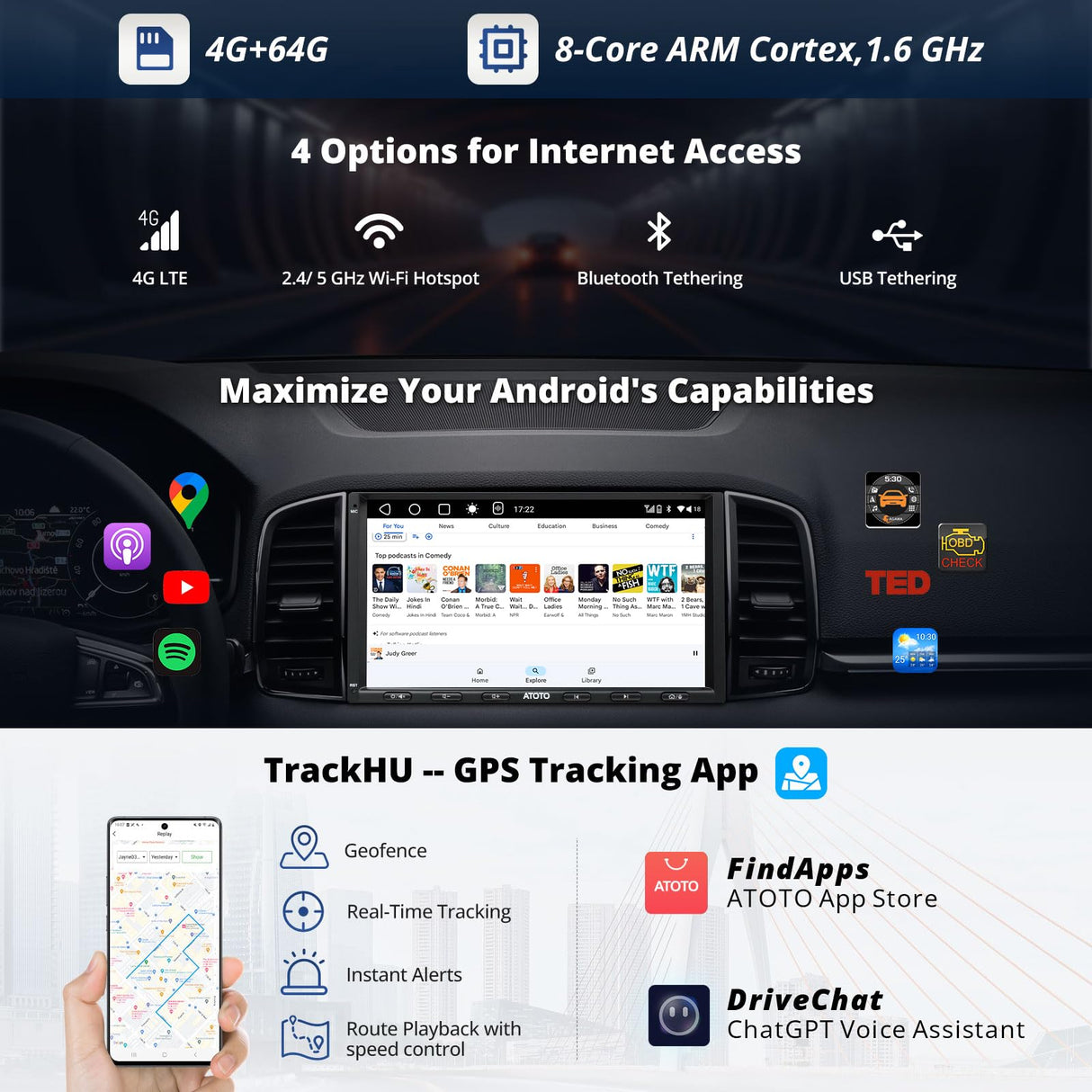 A6 Plus Double Din Car Stereo,Carplay/Android Auto Wireless Wired, Android Car Radio 7 inch,4GB+64GB + Support 4G LTE SIM& WiFi, QLED Screen,GPS Navigation, DSP System Head Unit