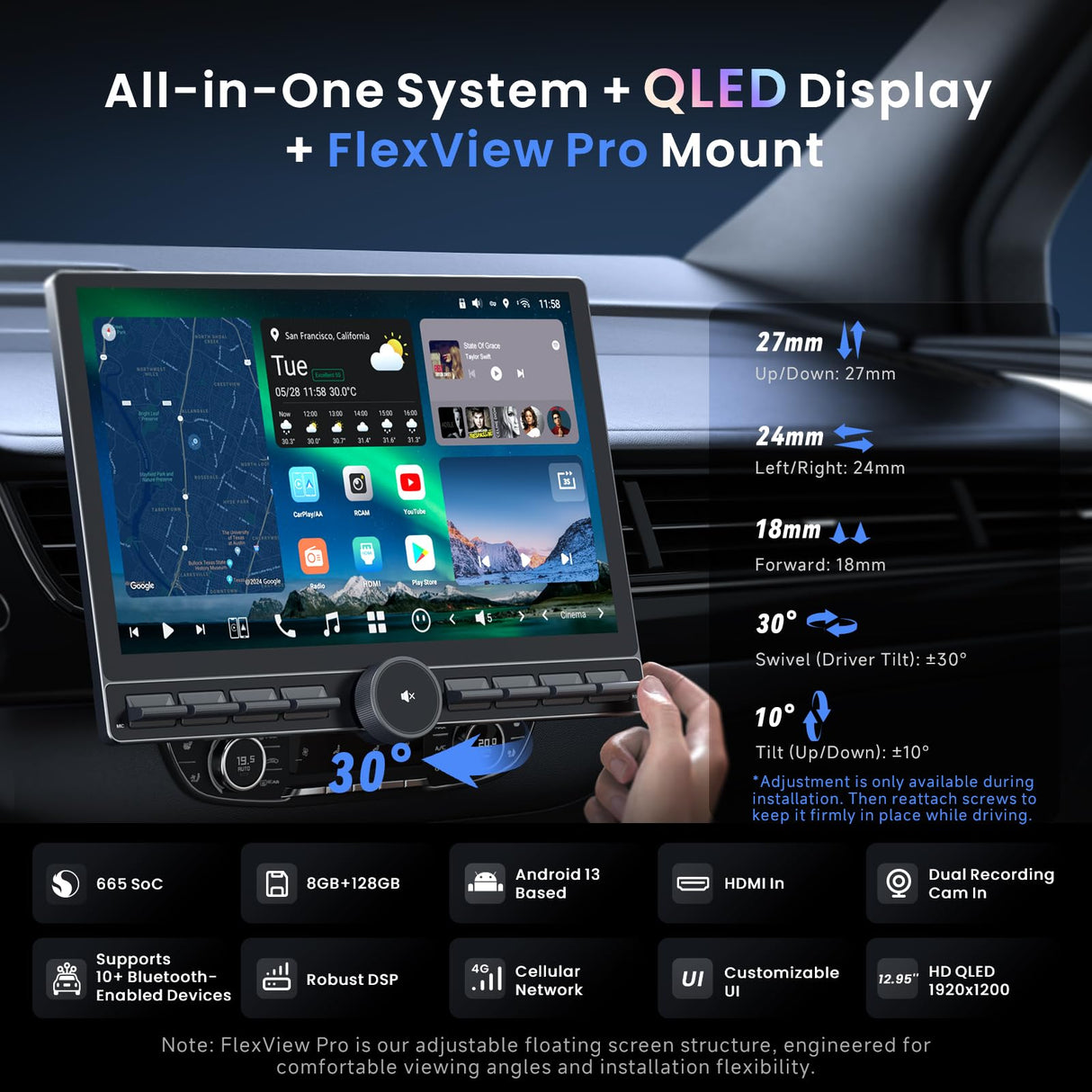ATOTO X10G129PE 12.95" QLED Android Car Radio (Single/Double Din), 8G+128G, Flexview Display with Knob & Buttons, 7.1.2 CH Surround Audio, Wireless CarPlay & Android Auto, 4G LTE, 36-Band EQ, HDMI Input