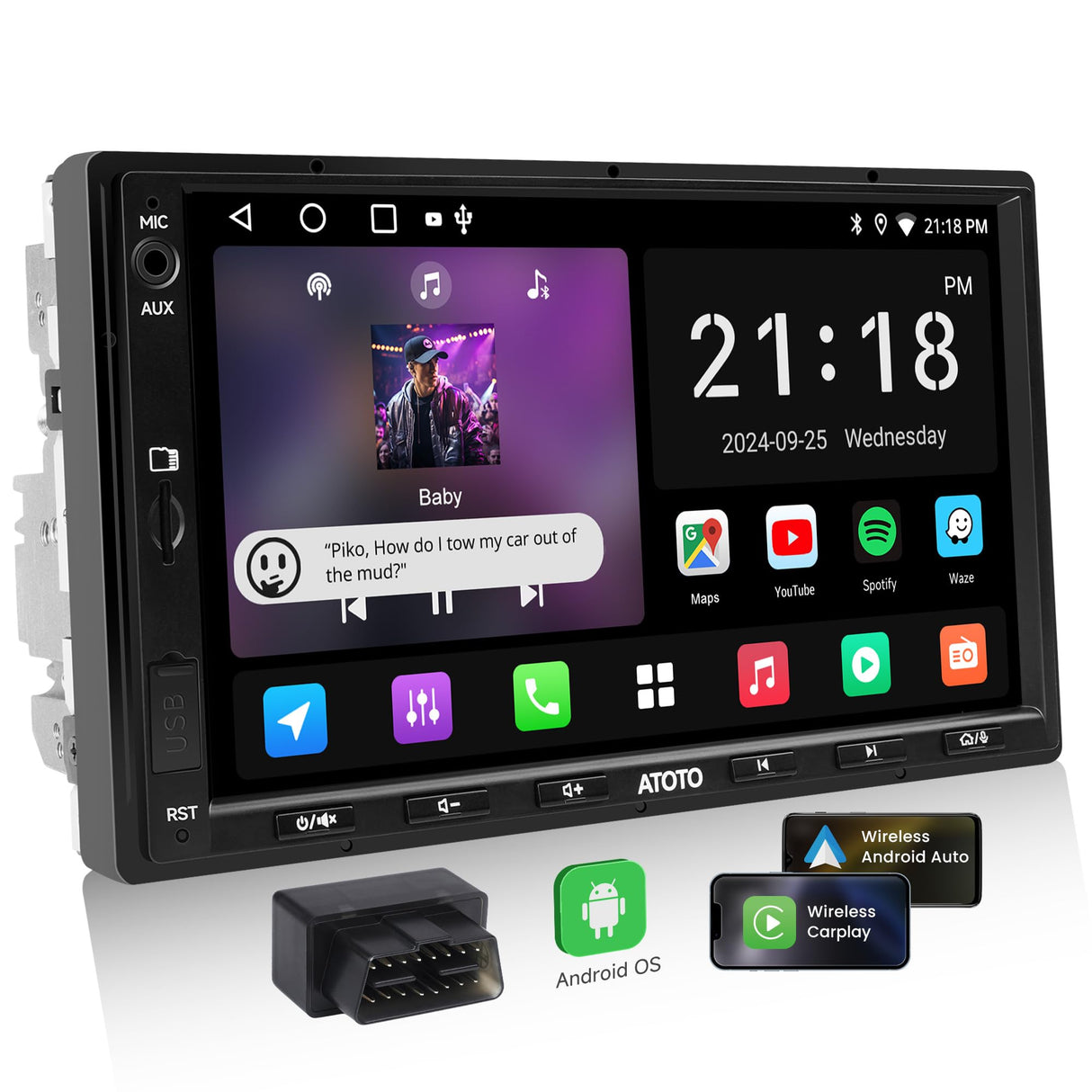 ATOTO A5LG2A7T 7" Double Din Car Stereo with OBD2 Scanner, IPS Touchscreen 1280x720, Wireless CarPlay & Android Auto, 24-Band EQ DSP, GPS Tracker, FM, USB, TF, 2G+32G