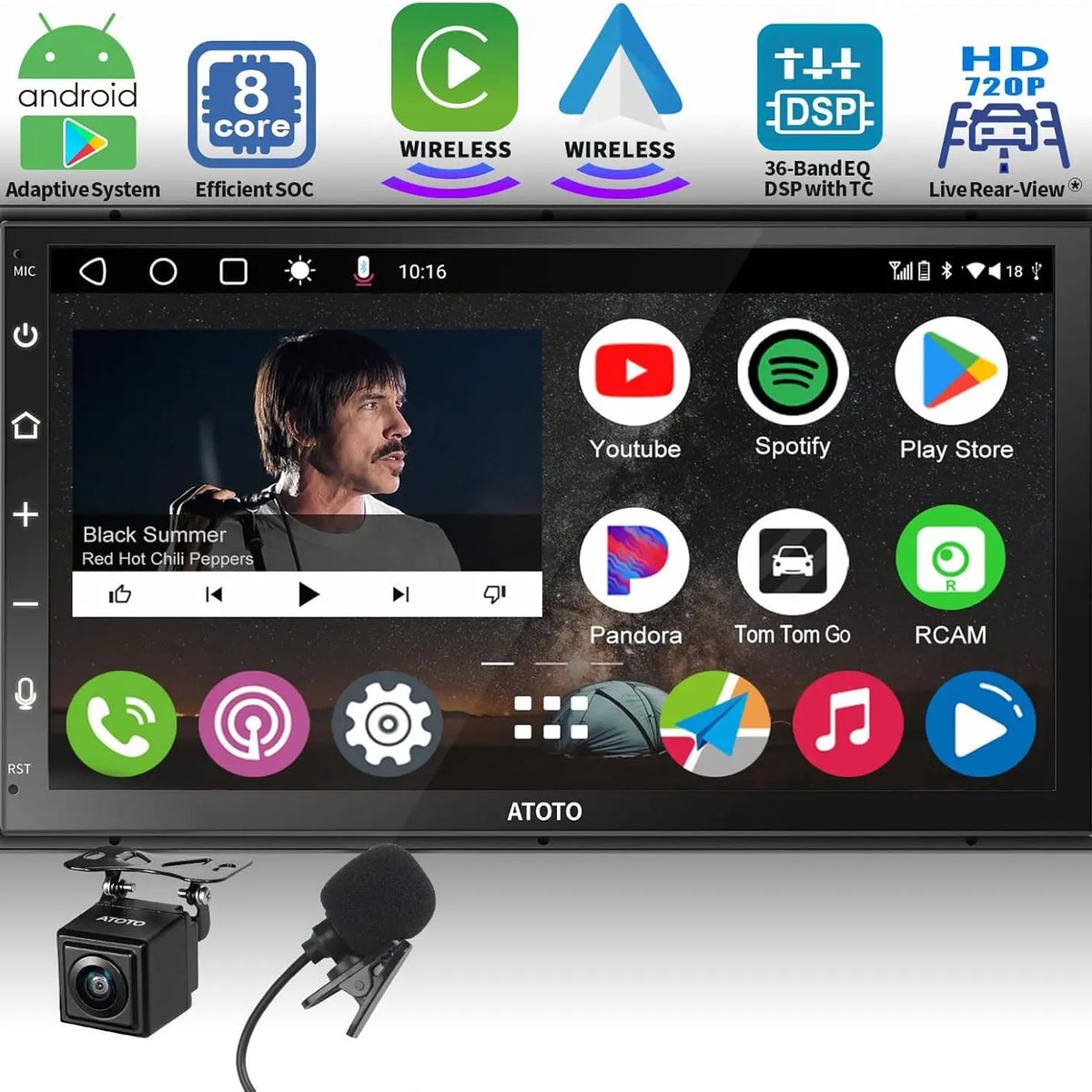 ATOTO A6PF カーラジオ 2 DIN 7インチ カメラ、マイク、CarPlay、GPS