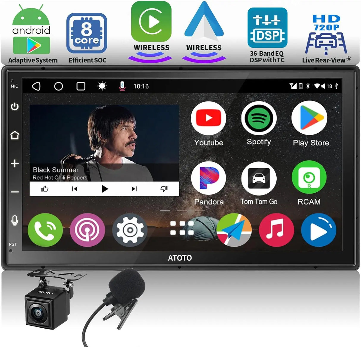 ATOTO A6 PF 7 Zoll QLED Touchscreen Android Doppel-DIN Autoradio, Wireless Carplay & Android Auto, DAB+ Radio/GPS/Mirror Link, Dual BT, WiFi/BT/USB Tethering, HD LRV mit Rückfahrkamera, A6G2B7PF-S01