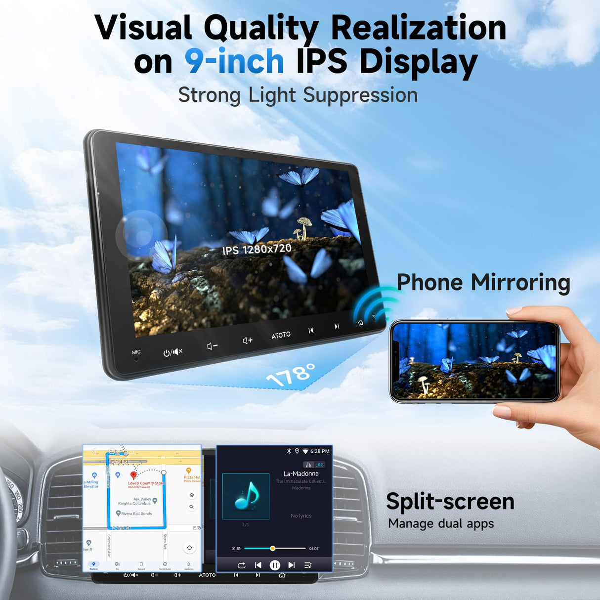 ATOTO A5LG209T Autoradio 2 DIN Android, 9" Écran Tactile HD, CarPlay & Android Auto sans Fil, GPS Intégré, 2 Go + 32 Go, Égaliseur 24 Bandes, Connexion WiFi/4G/Bluetooth