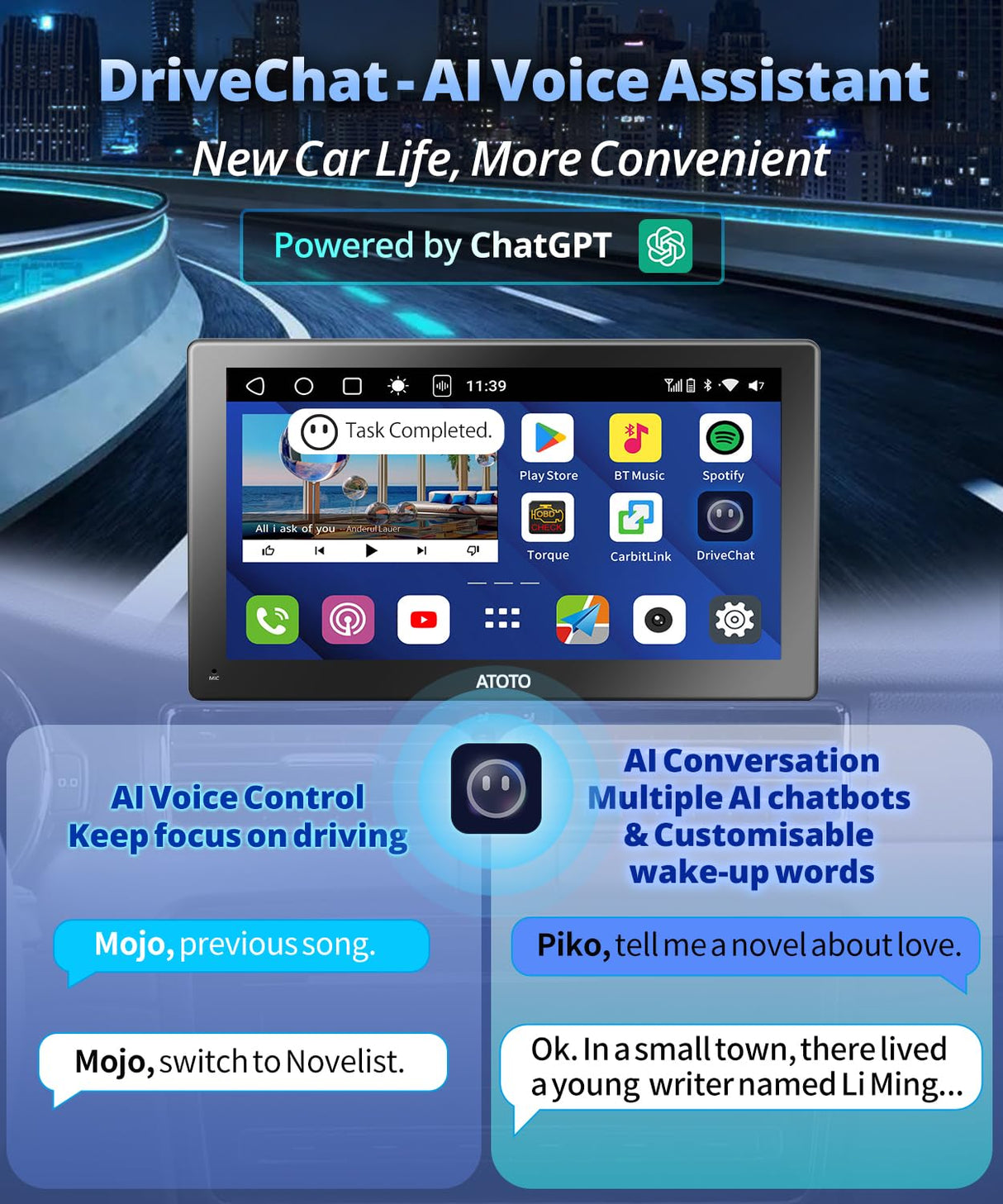 ATOTO 9" Portable Car Stereo with Front Dashcam, Wireless CarPlay & Android Auto, QLED Touchscreen, GPS Navigation, 4G LTE, Wi-Fi, ChatGPT, 4+32G