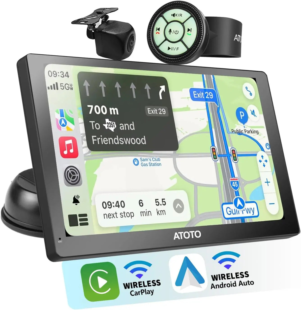 ATOTOEXCEL Tragbarer Carplay-Bildschirm für Android Auto mit 1080P- und SWC-Retromarcia-Telekamera, P5 Tragbares drahtloses Autoradio mit Carplay-Navigation, 7 Zoll QLED-Touchscreen, Mirrorlink