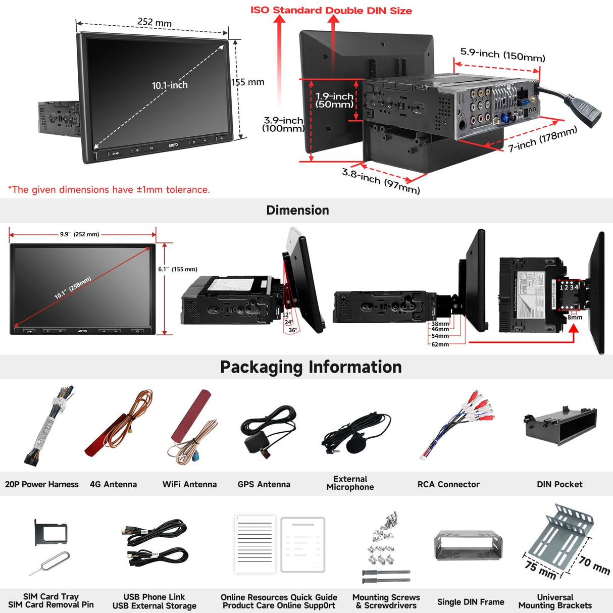 ATOTO S8G1104PRN 10,1" Autoradio 1 DIN – 2G+32G, 2 Bluetooth, CarPlay sans Fil, Android Auto Filaire, Partage de Connexion WiFi/BT/USB, LRV