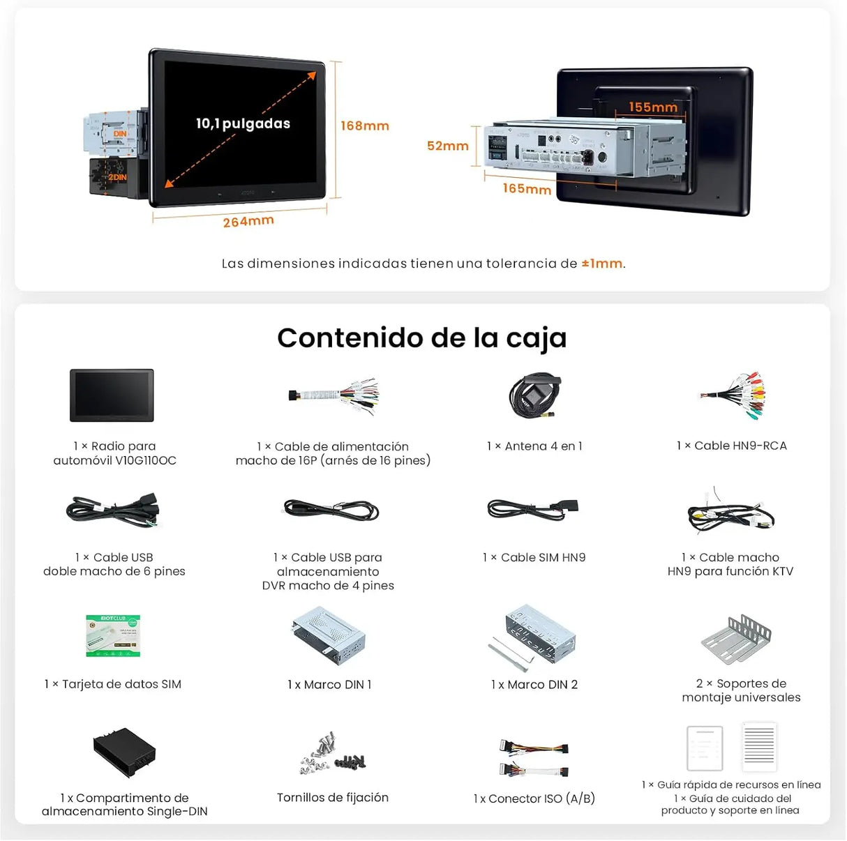 ATOTO V10G110OC 10,1" Radio Android para Coche 1 DIN & 2 DIN, 6GB+128GB, CarPlay y Android Auto Inalámbricos, 4G LTE/WiFi, GPS, Bluetooth 5.4 aptX HD, DSP 24B-EQ, DVR 4 Canales, Karaoke en el Coche, Asistente AI