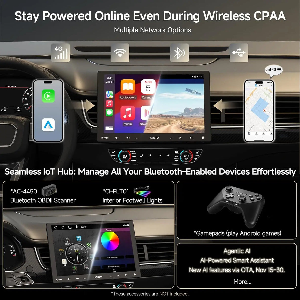 ATOTO S8G1104MS 10" Single Din & Double Din Car Stereo with Backup Camera, Floating QLED Screen, Wireless CarPlay & Android Auto, 4+32G, 4G LTE, ChatGPT-Powered AI Voice Control & Android Radio