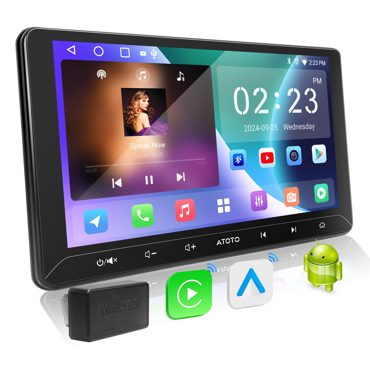 ATOTO A5LG211T 10.1" 2 Din Android Autoradio, Wireless CarPlay & Android Auto, Stereo with OBD Scanner, 24-Band EQ, WiFi/BT/USB Tethering, 2G+32G, GPS Tracking, FM/RDS