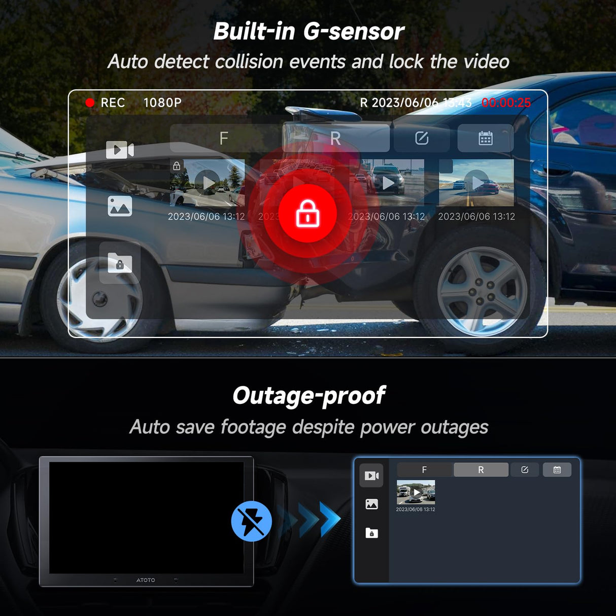 ATOTO AC-FHD02LR Rückfahrkamera 1080P mit GPS-Track-Wiedergabe, WDR, Nachtmodus, IP67 Wasserschutz, 140° Weitwinkel, LRV, Schleifenaufnahme, Starke Lichtunterdrückung, Kompatibel mit X10-Serie