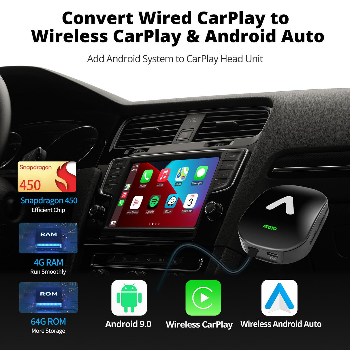 ATOTO AD6 Wired to Wireless CarPlay/Android Auto Adapter with AI Voice, OBD Support, GPS Tracking, 4GB+64GB Storage, Bluetooth